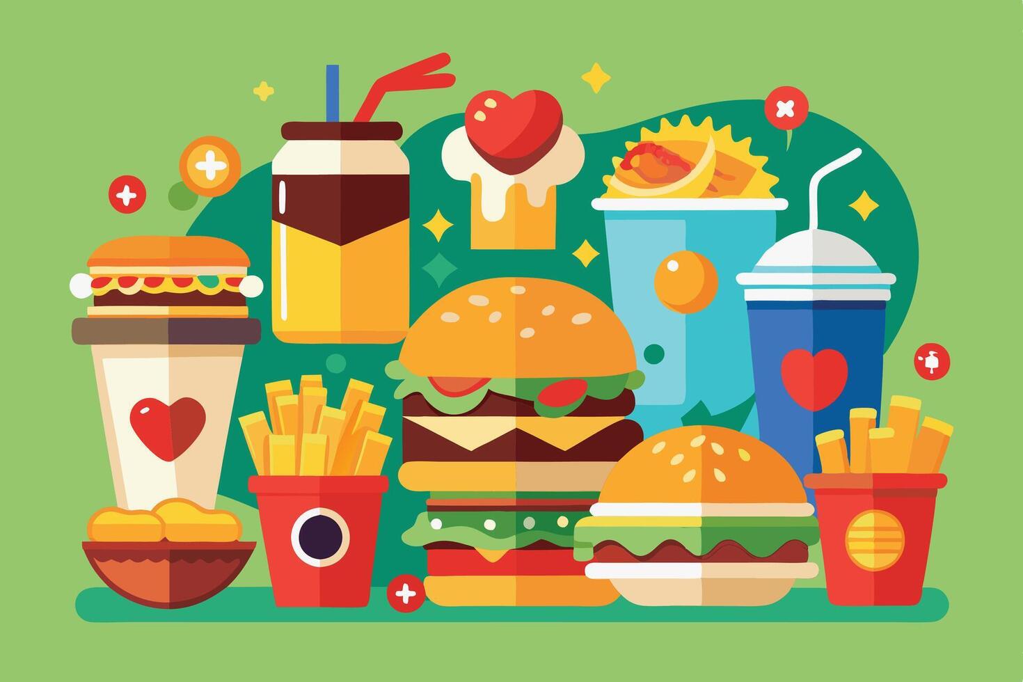 fast food and drinks on a green background vector
