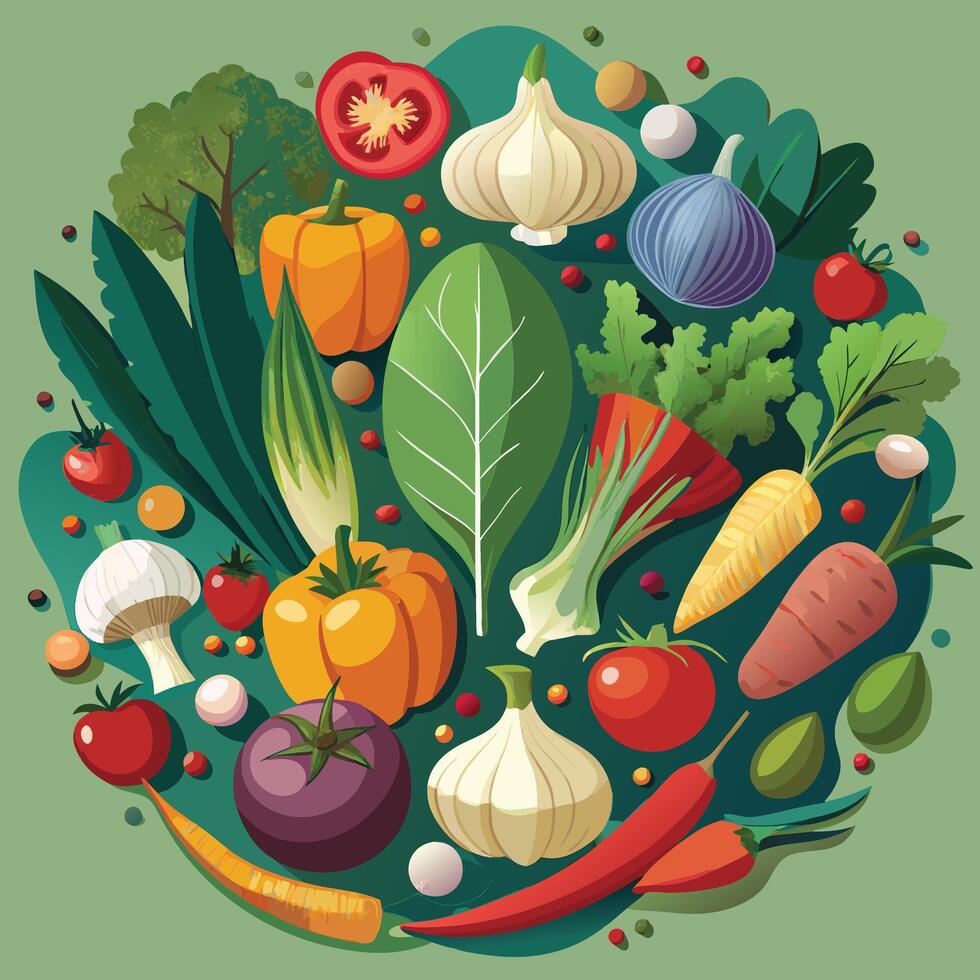 vegetables and fruits green background vector
