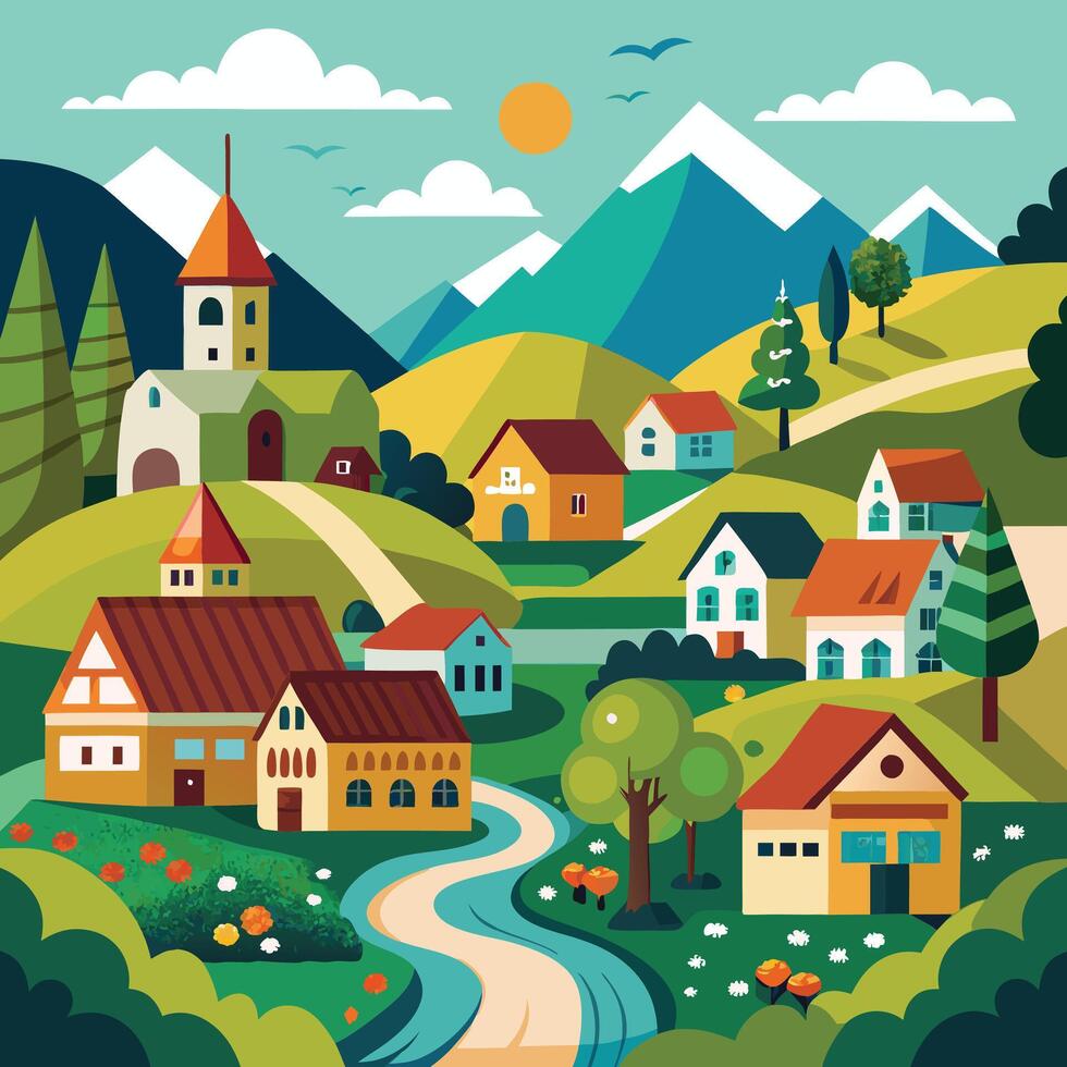 a cartoon illustration of a village in the mountains vector