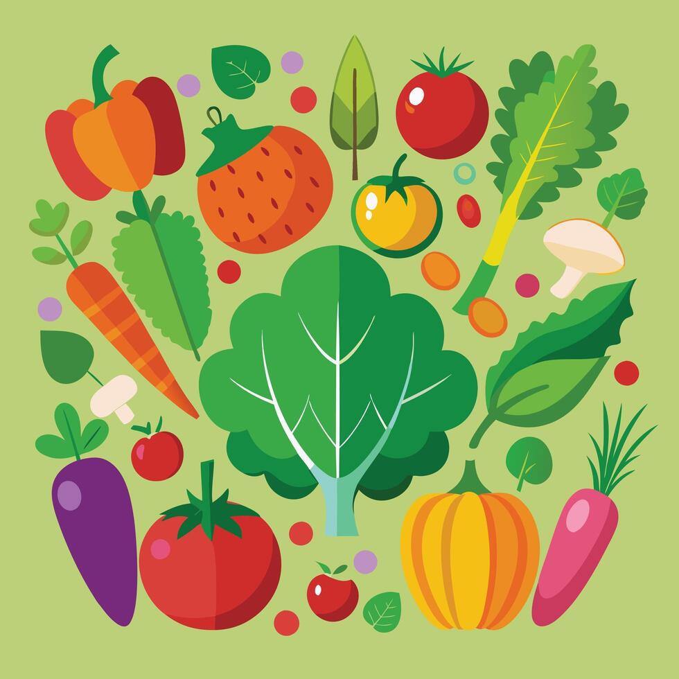 vegetables and fruits in a flat design on a green background vector