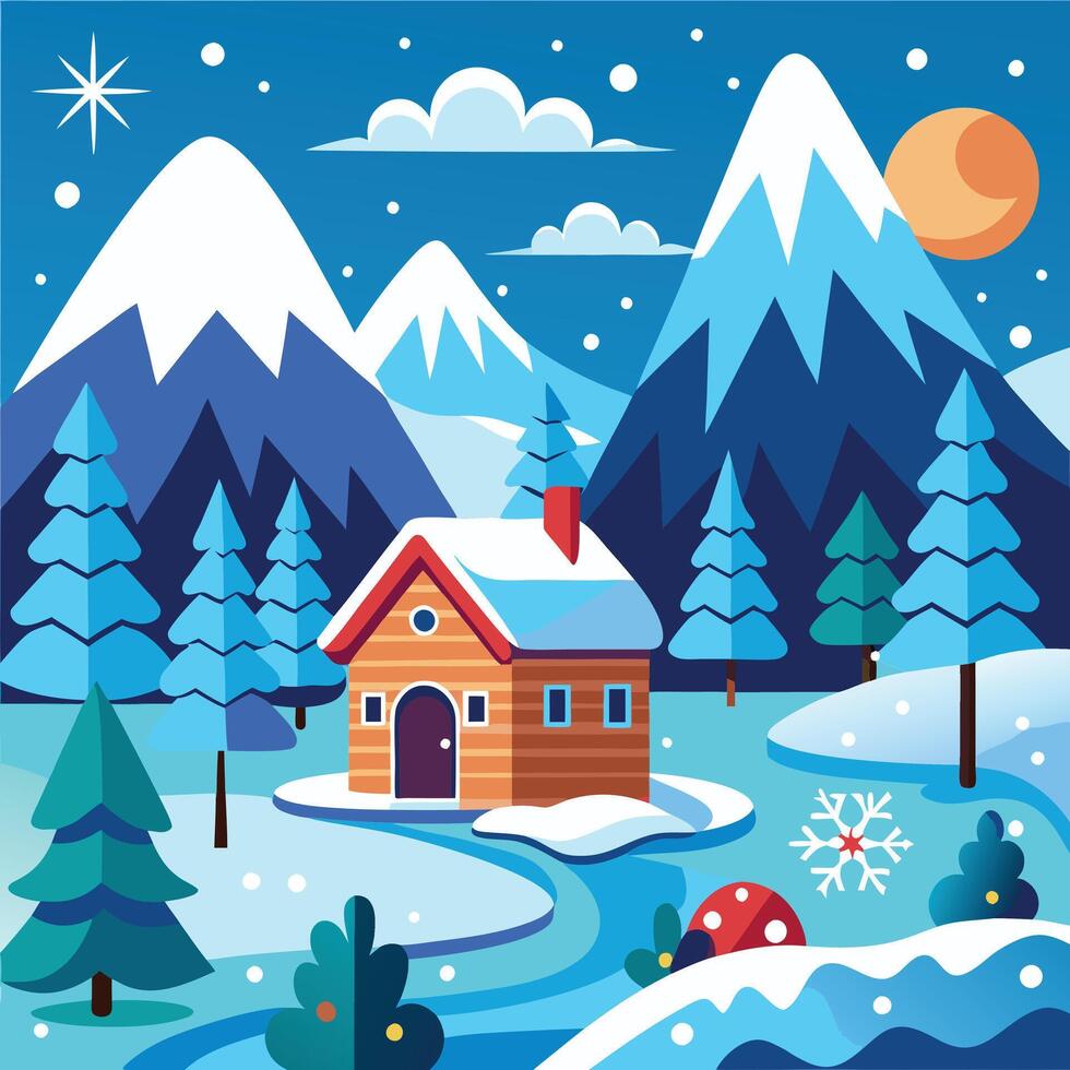 winter landscape with house, trees and snow vector
