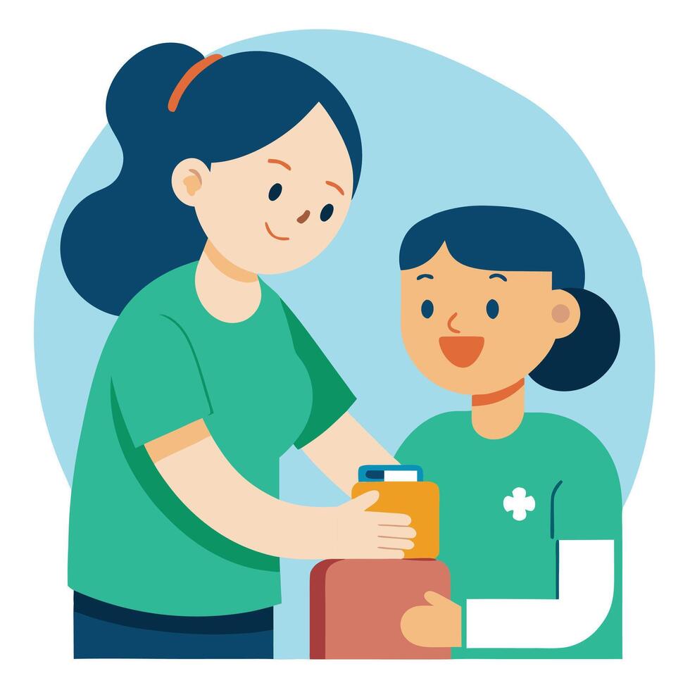 a woman giving a child a medicine box vector