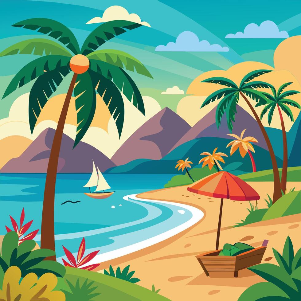 tropical beach with palm trees and boat vector