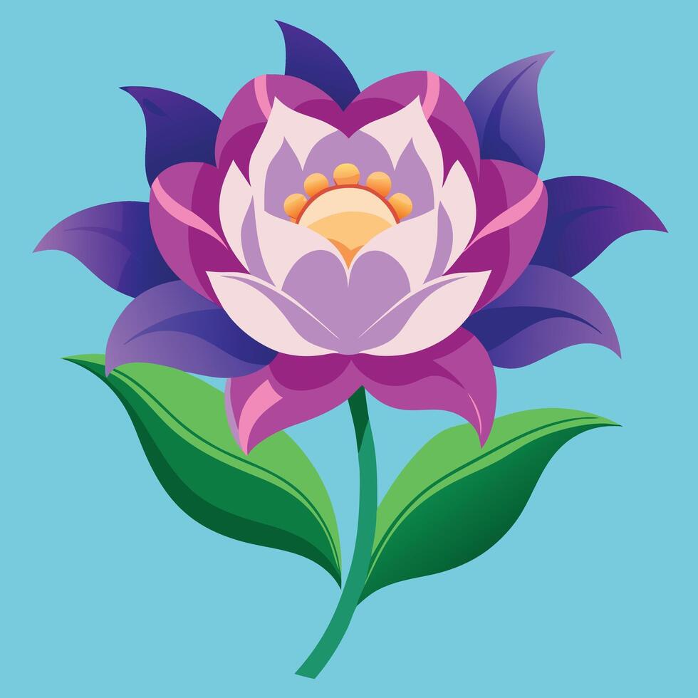 a purple lotus flower with green leaves on a blue background vector