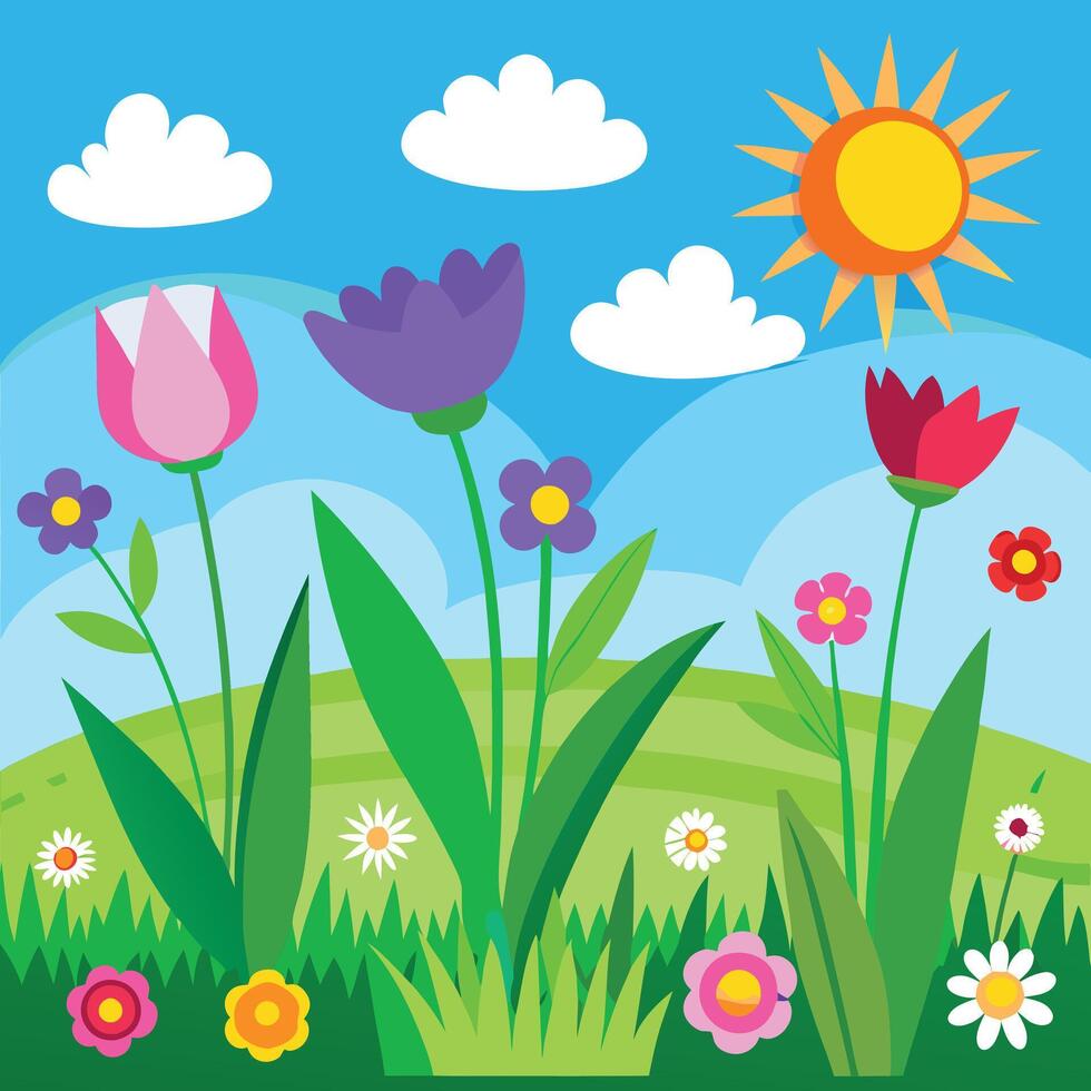illustration of a field with flowers and sun vector