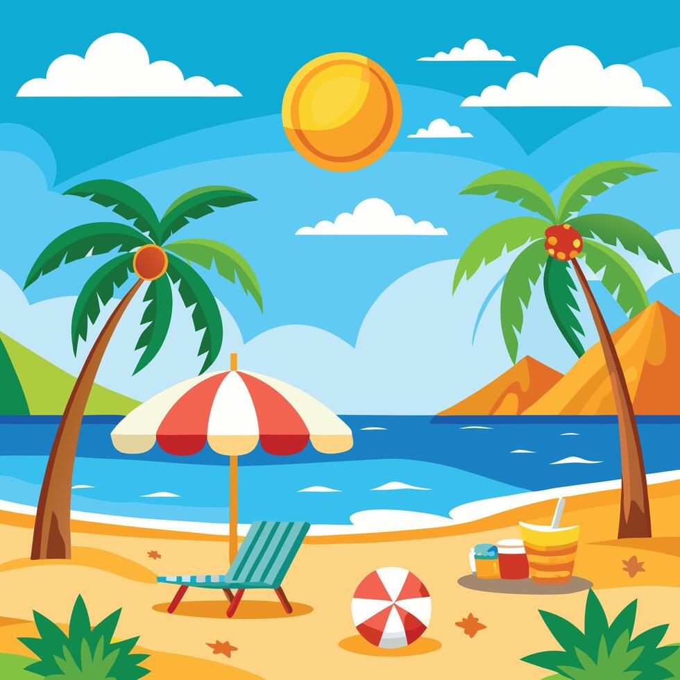 tropical beach with palm trees and sun umbrella vector