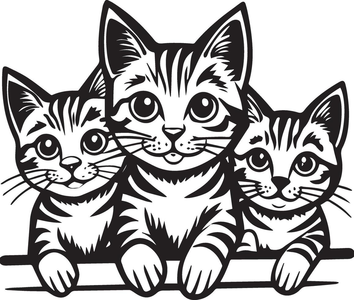 three cats on top of each other peeking over a leg silhouette. vector
