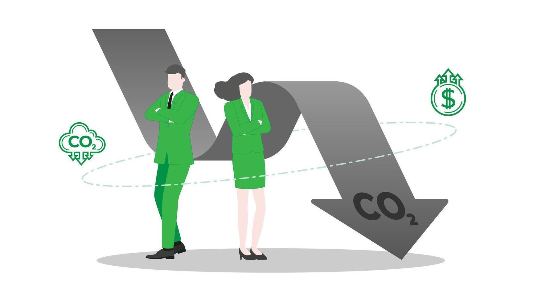 Environmental Goals in a Sustainable Business Environment with Confident Businessman and Businesswoman standing pose with CO2 Graph Down. vector