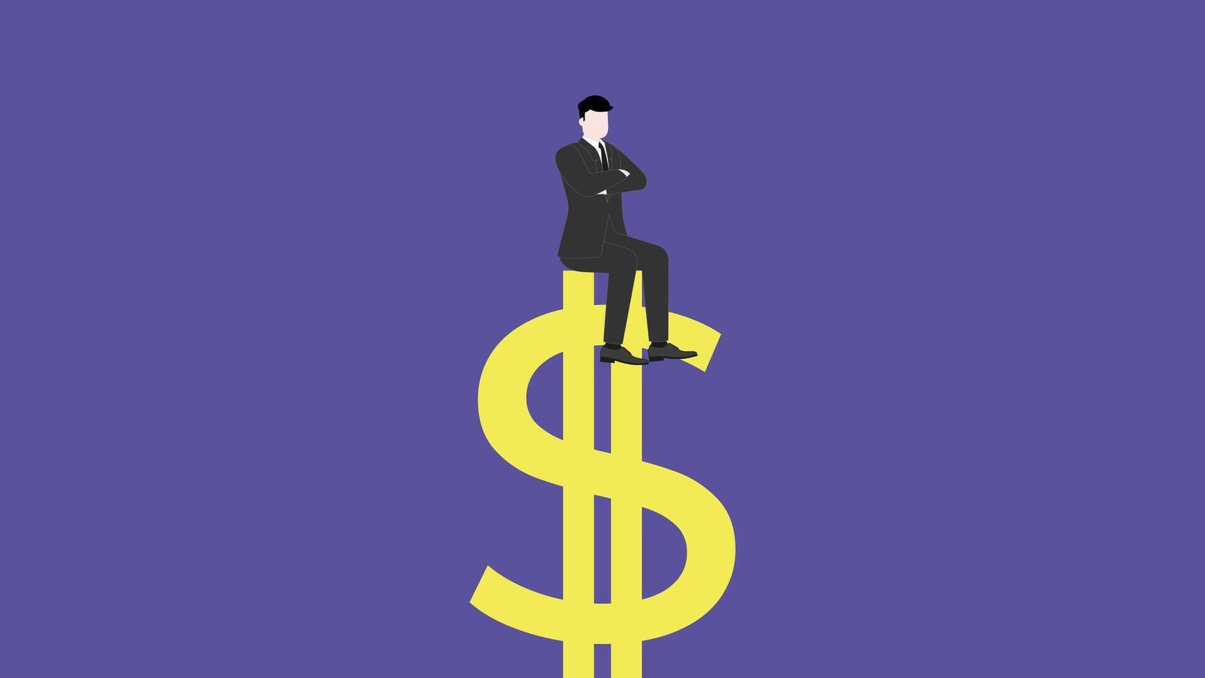 Confident businessman thinking and sitting with arms crossed on a money symbol. vector