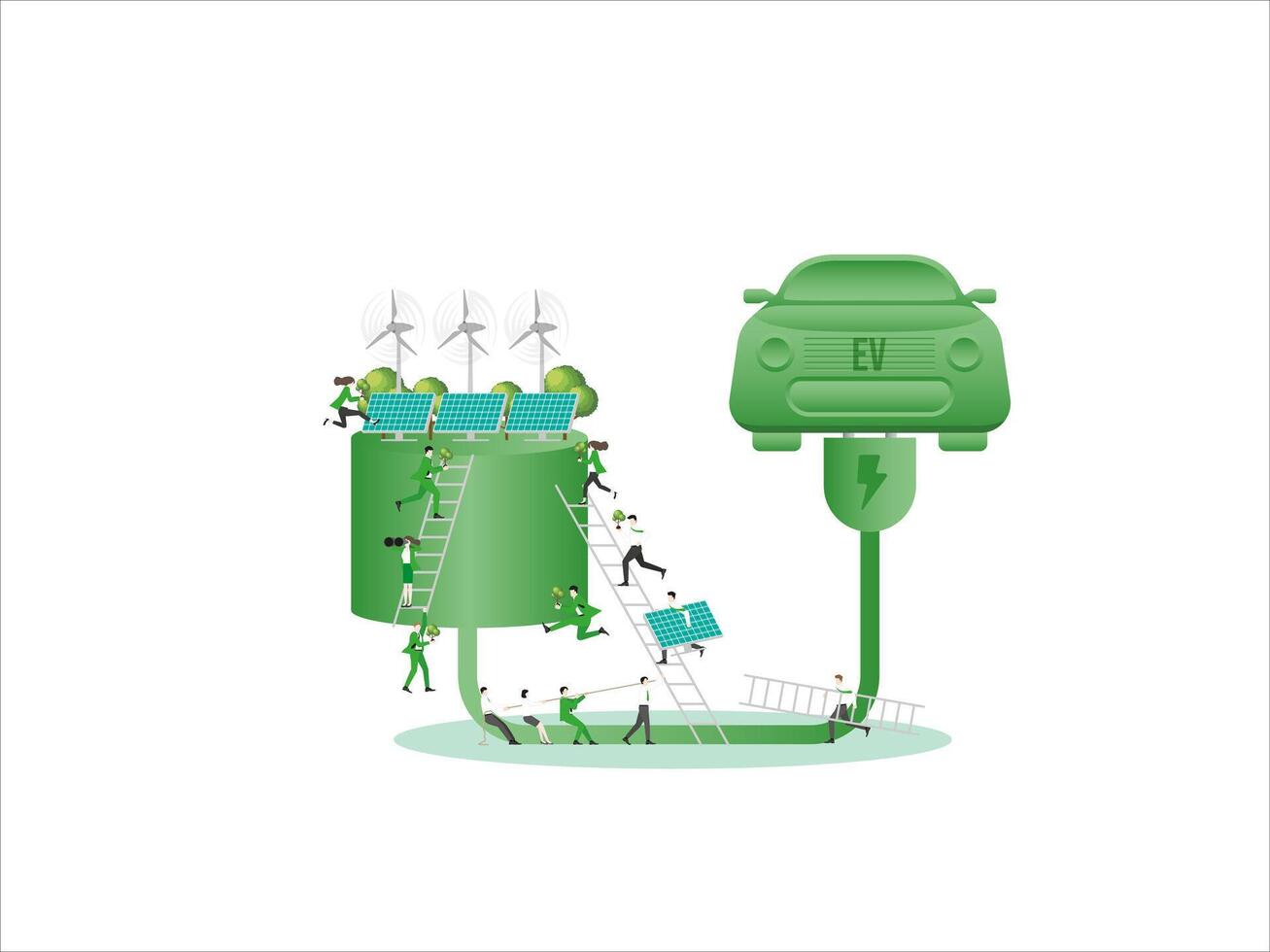 Employees Collaborating for a Green Concept EV car. ESG sustainability business policy vector