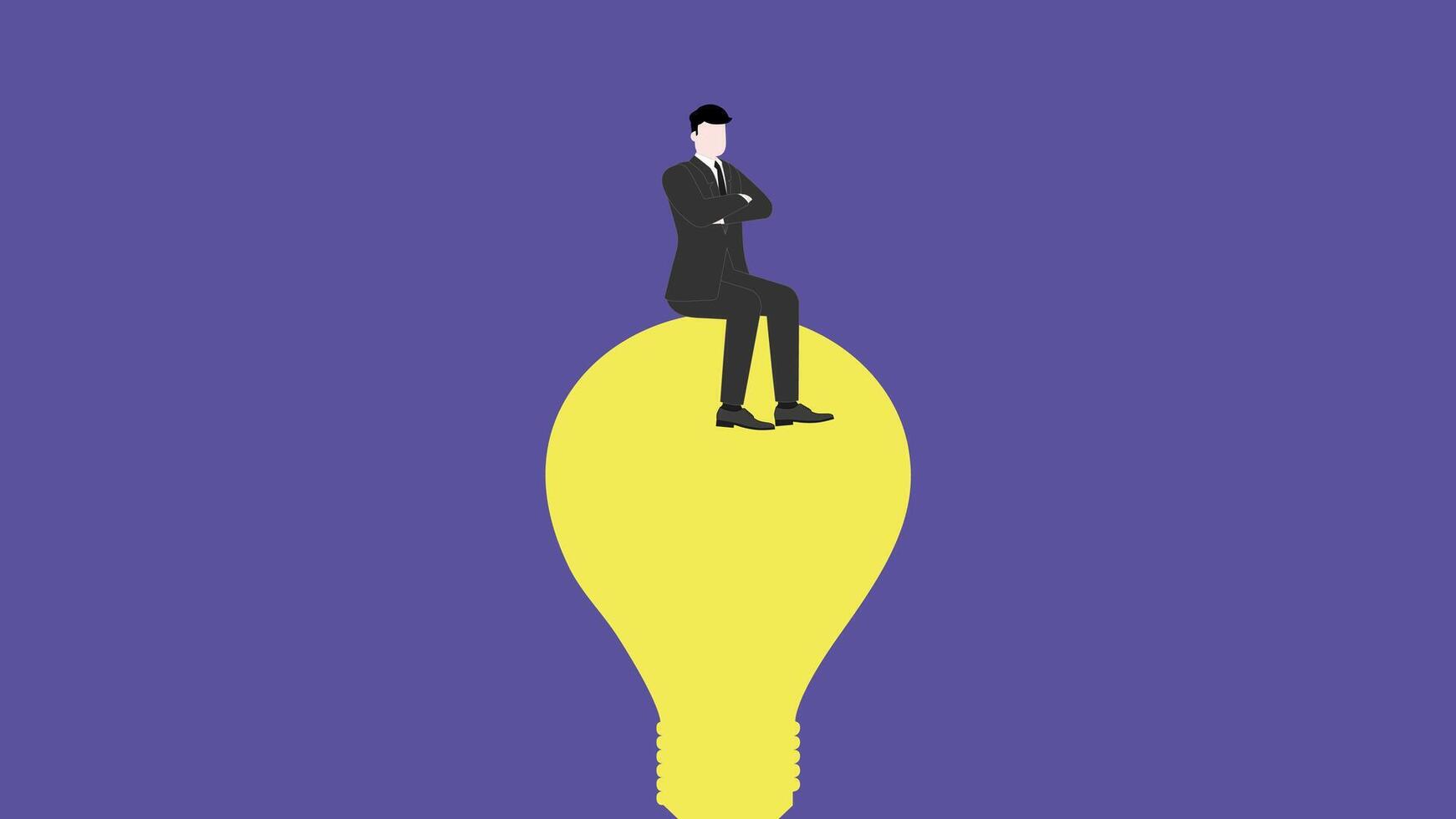Confident businessman thinking and sitting with arms crossed on a light bulb vector