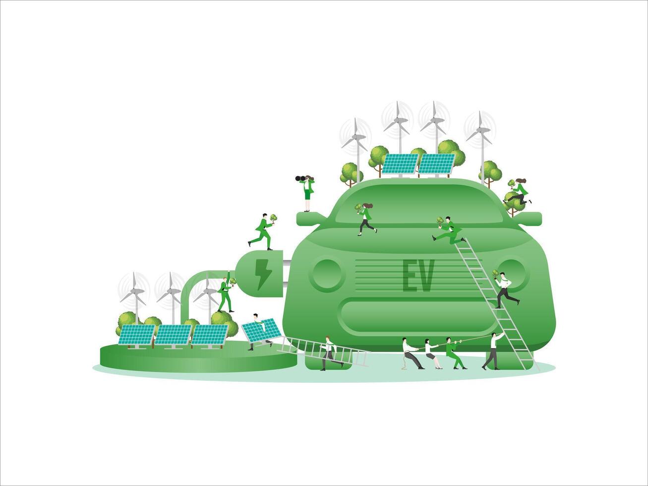 Employees Collaborating for a Green Concept EV car. ESG sustainability business policy. vector