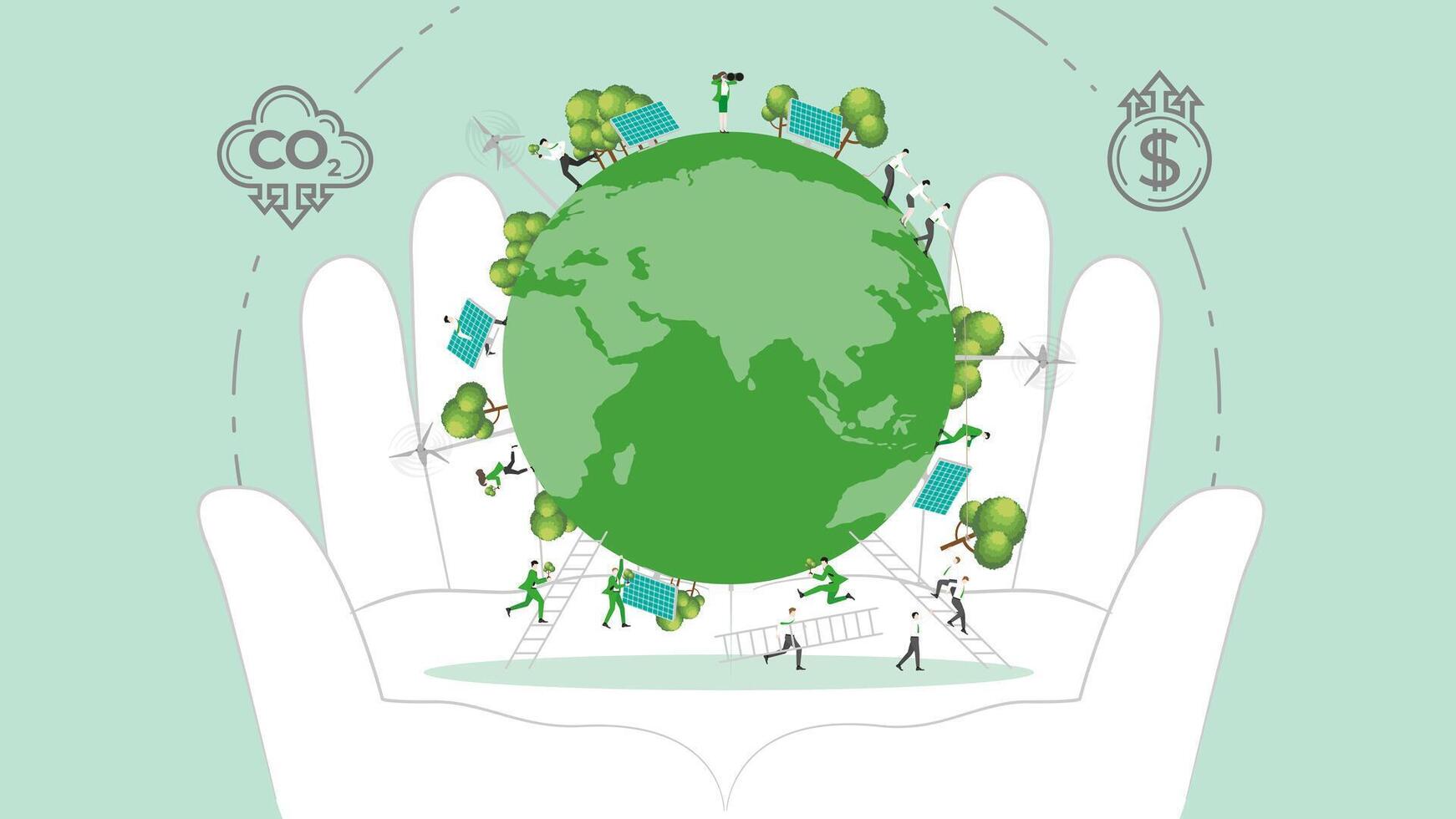 ESG sustainability policy in hand. Carbon credit calculate from reduce carbon footprint and carbon dioxide to carbon offset. Earth in Hand. vector