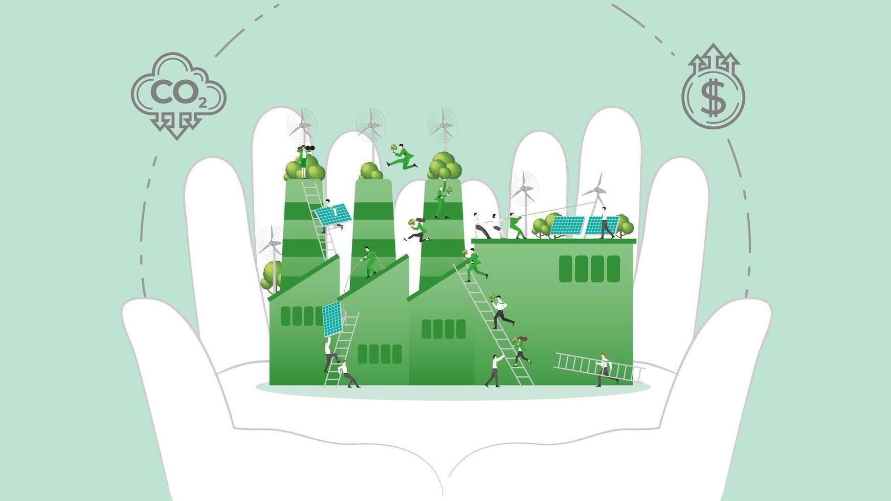ESG sustainability policy in hand. Carbon credit calculate from reduce carbon footprint and carbon dioxide to carbon offset. Factory in Hand. vector
