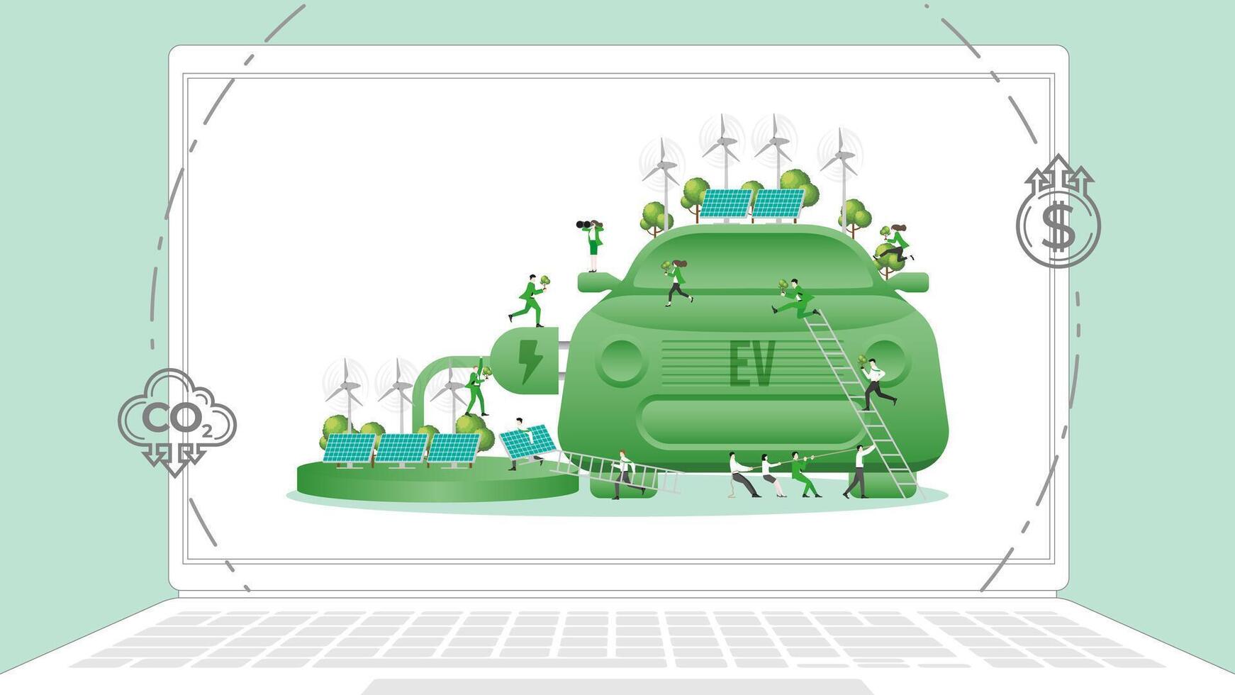 ESG business policy Electric power Vehicle in laptop. Carbon credit calculate from reduce carbon footprint and carbon dioxide to net zero goal in 2050. vector