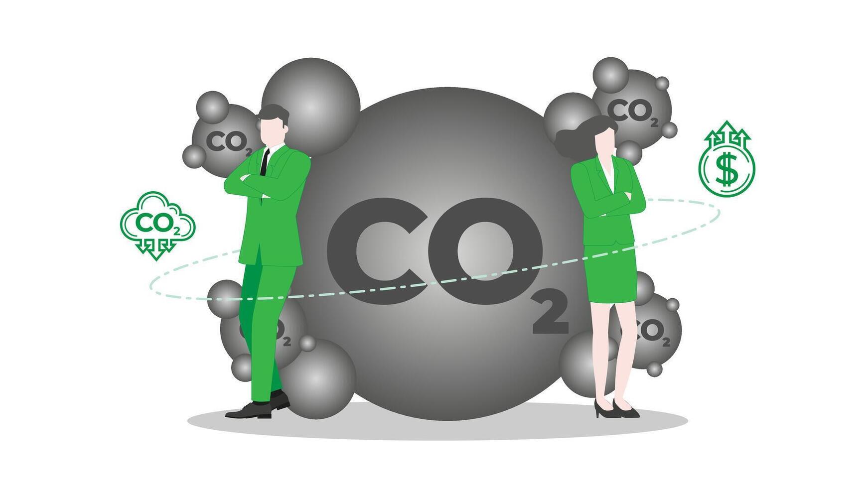 Achieving Environmental Goals in Sustainable Business Environment with a Confident Businessman and Businesswoman standing pose with CO2. vector