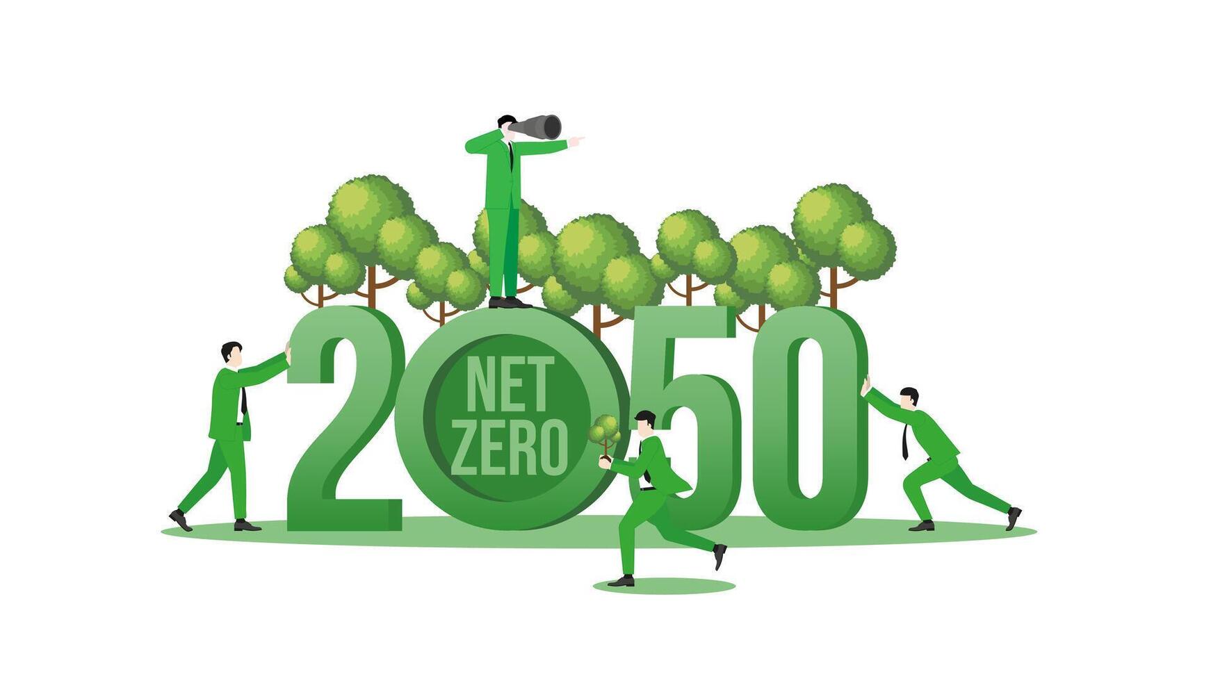 A business team and trees in the year 2050. A nationally determined contribution, Net Zero emissions vector