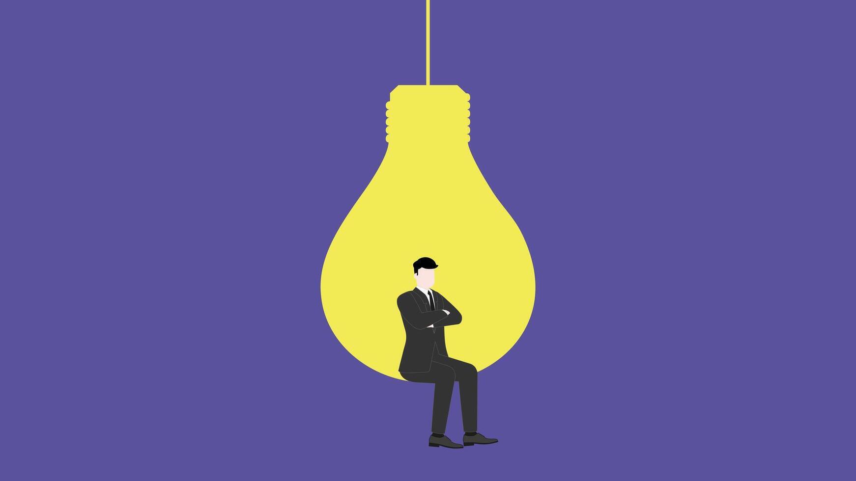 Confident businessman thinking and sitting with arms crossed on a light bulb. vector