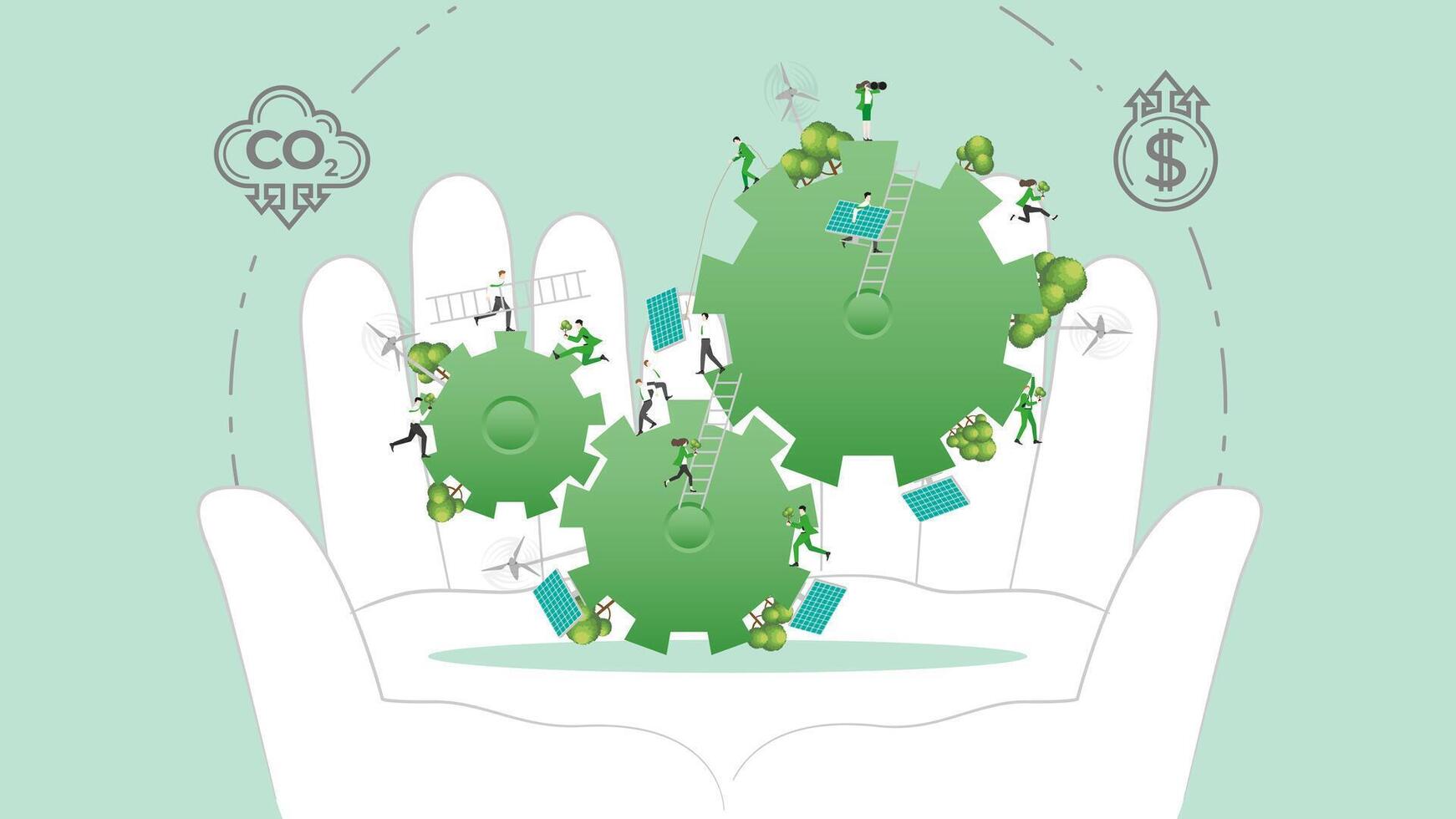 ESG sustainability policy in hand. Carbon credit calculate from reduce carbon footprint and carbon dioxide to carbon offset. Gear in Hand. vector