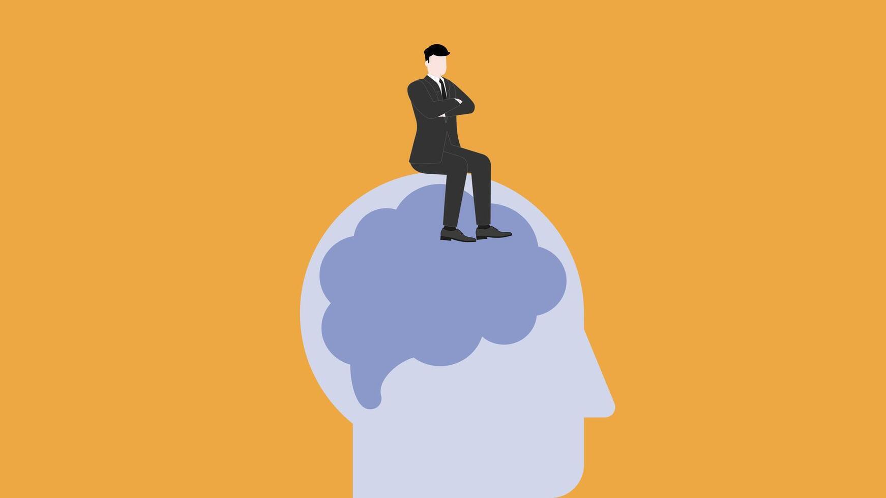 Confident businessman thinking and sitting with arms crossed on human brain. vector