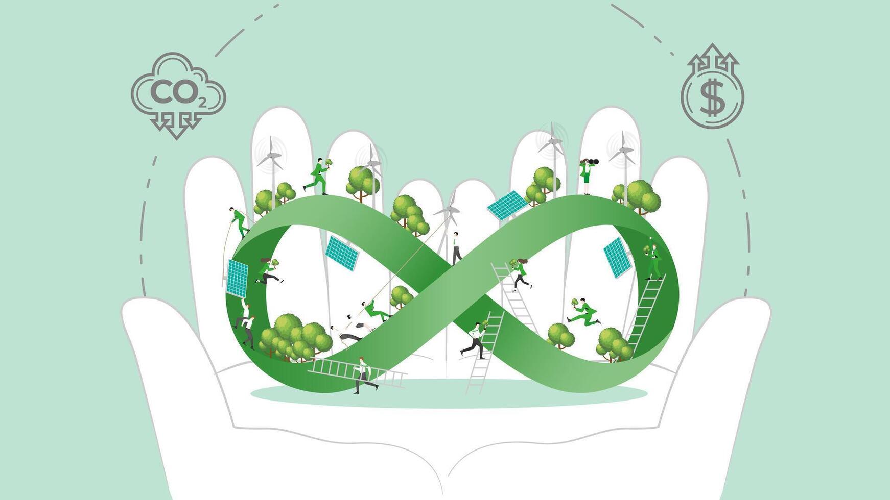 ESG sustainability policy in hand. Carbon credit calculate from reduce carbon footprint and carbon dioxide to carbon offset. Infinity in Hand. vector
