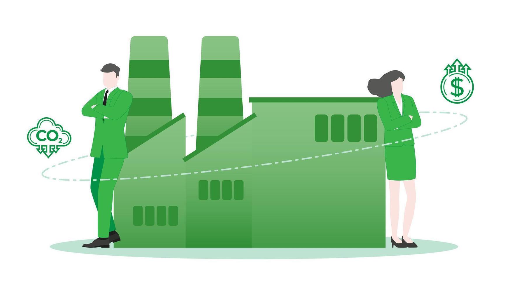 Environmental Goals in Sustainable Business Environment with Confident Businessman and Businesswoman standing pose with Green Factory. vector