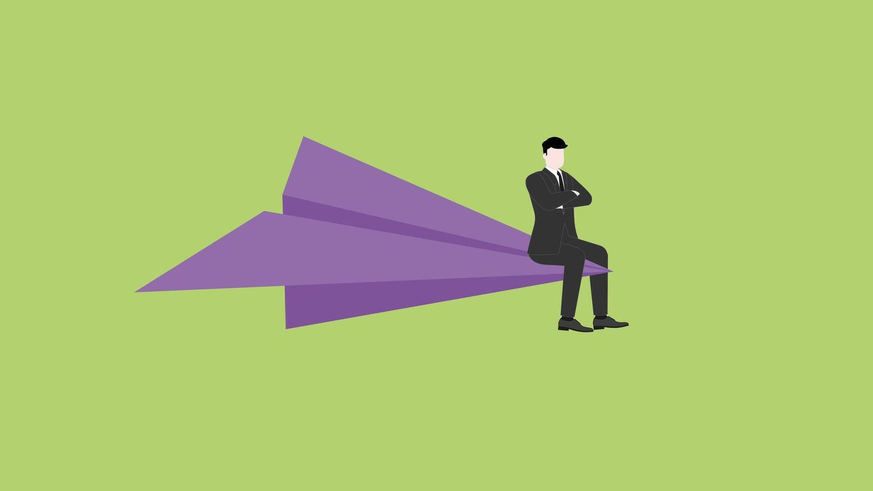 Confident businessman thinking and sitting with arms crossed on a paper plane. vector