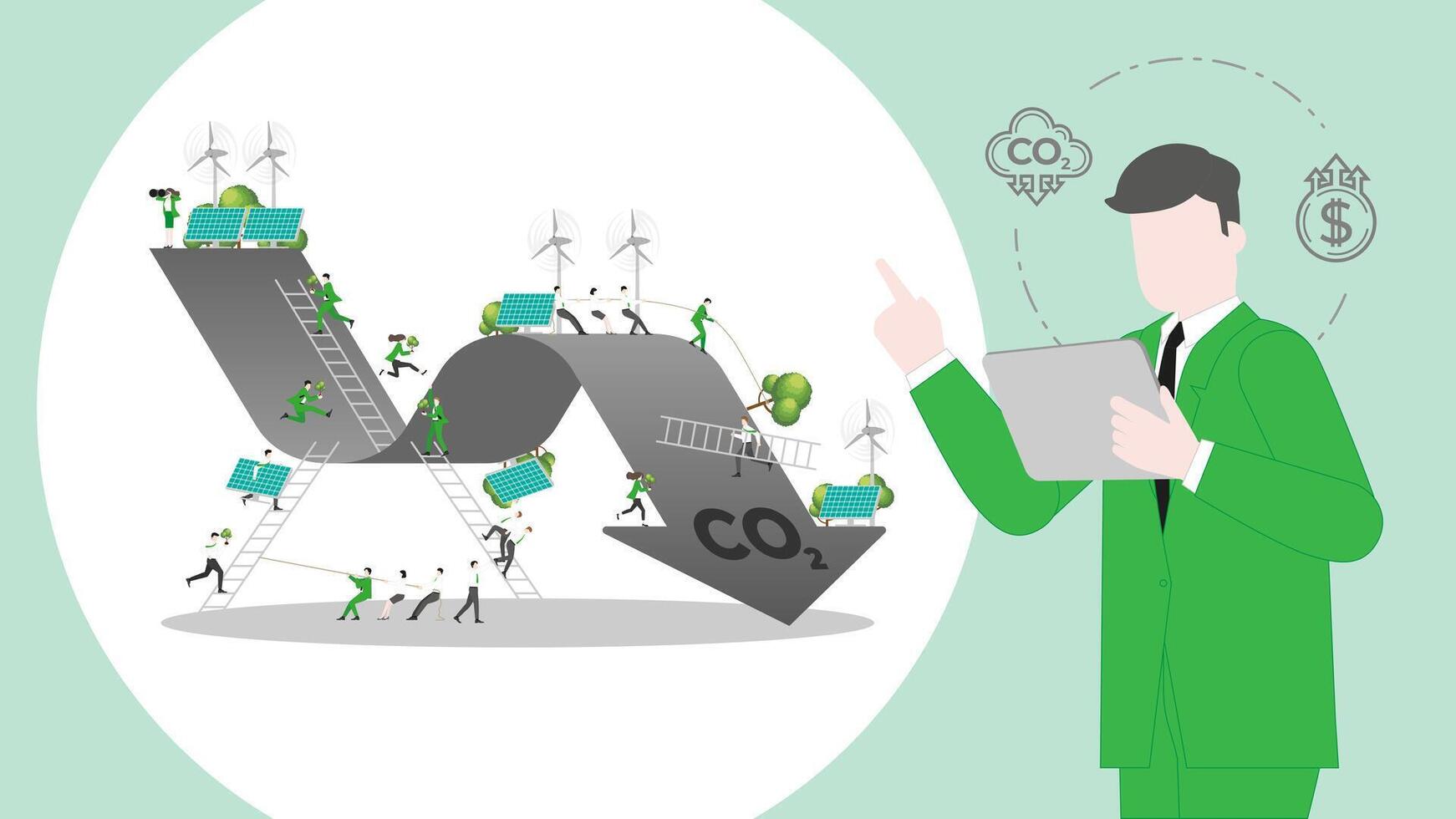 ESG sustainability business policy. Carbon credit calculate from reduce carbon footprint and carbon offset. Profit of CO2 graph vector