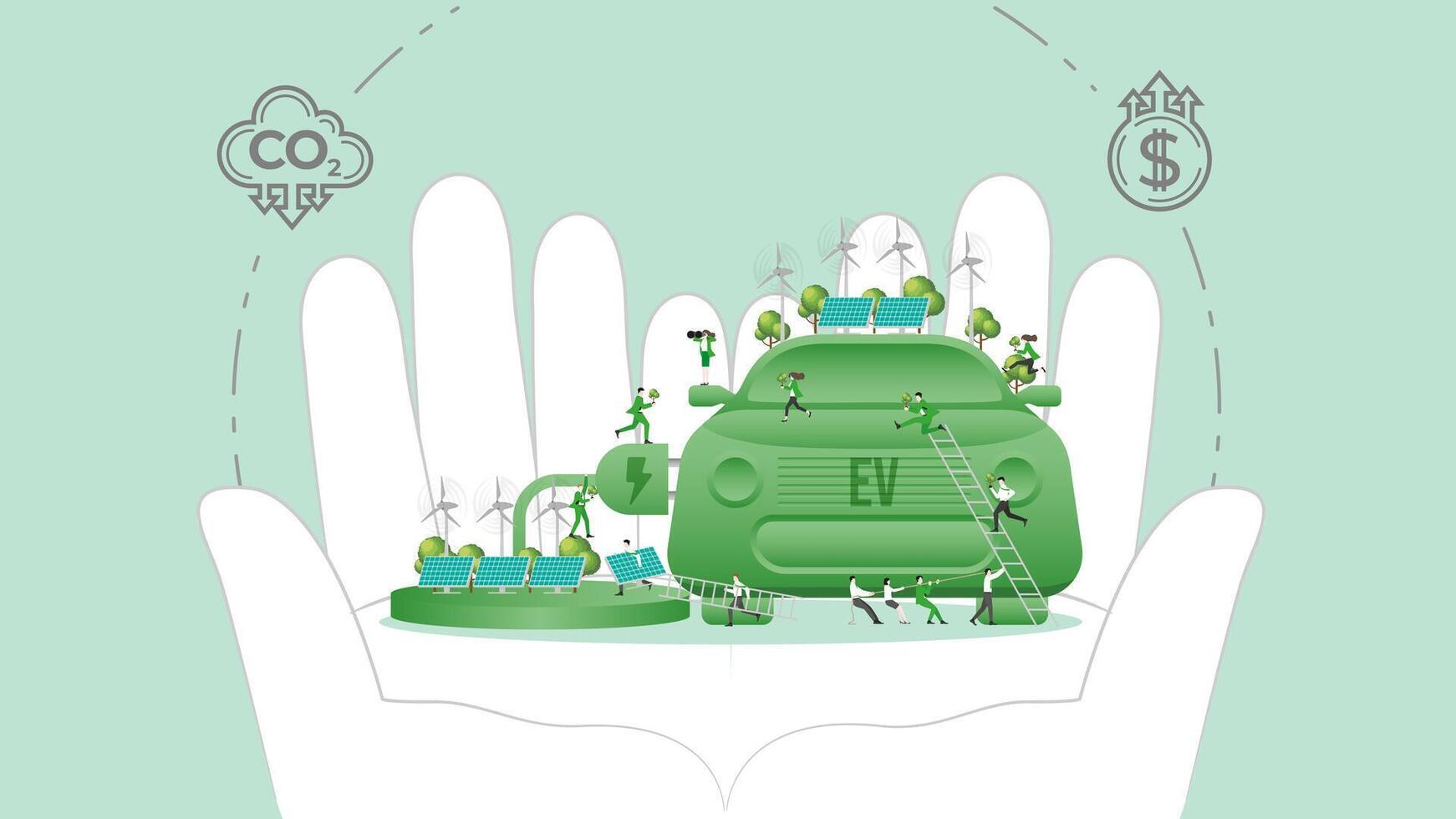 ESG policy Electric Vehicle in hands. Carbon credit calculate from reduce carbon footprint and carbon dioxide to Net Zero Goal in 2050. vector