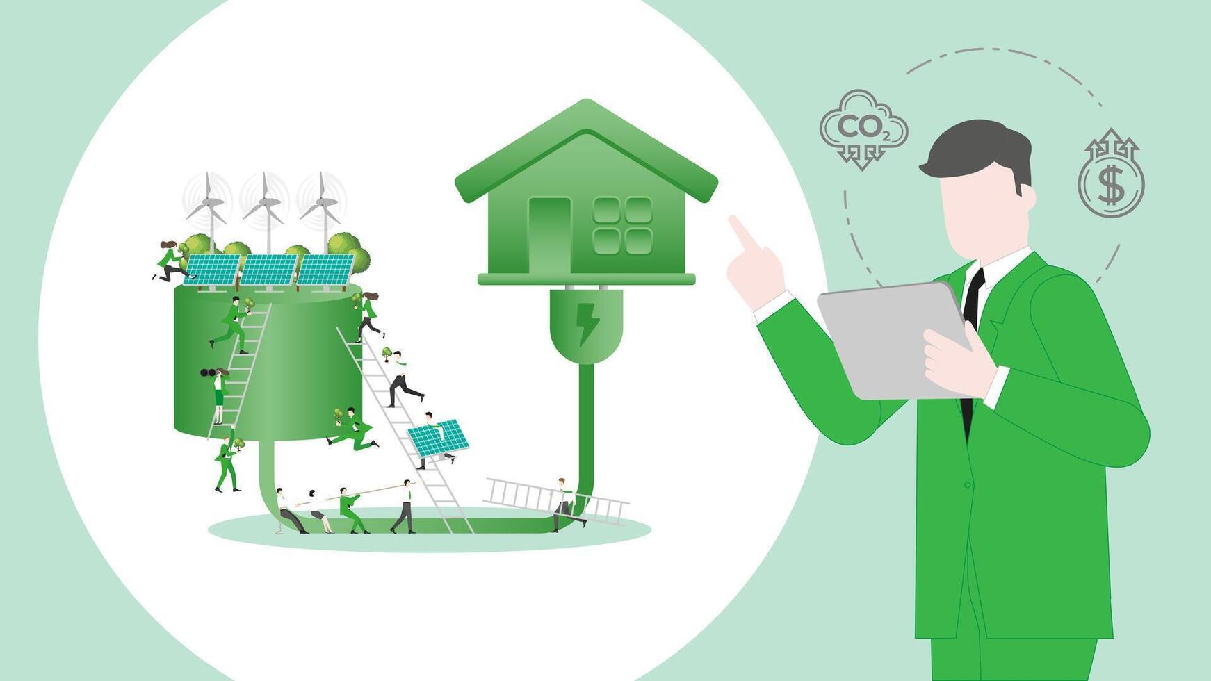 ESG business carbon credit profit calculate in Green house energy. Carbon credit vision from reduce carbon footprint and carbon dioxide to Net Zero in year 2050 vector