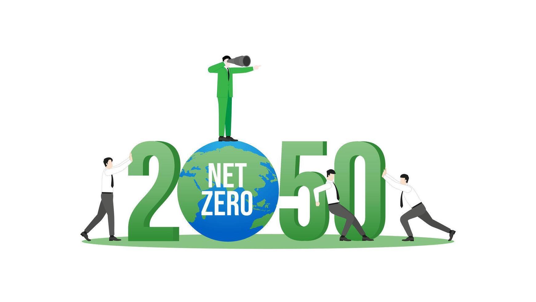 A business team and the world in the year 2050. A nationally determined contribution, Net Zero emissions vector