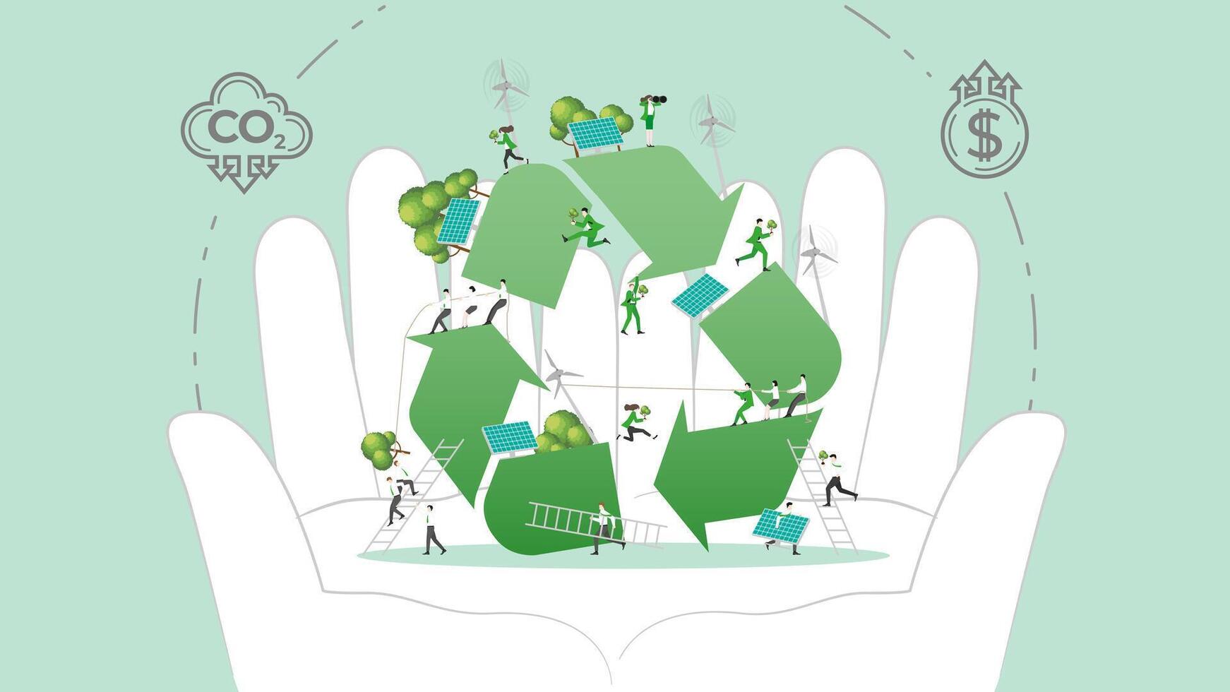ESG sustainability policy in hand. Carbon credit calculate from reduce carbon footprint and carbon dioxide to carbon offset. Recycle in Hand. vector
