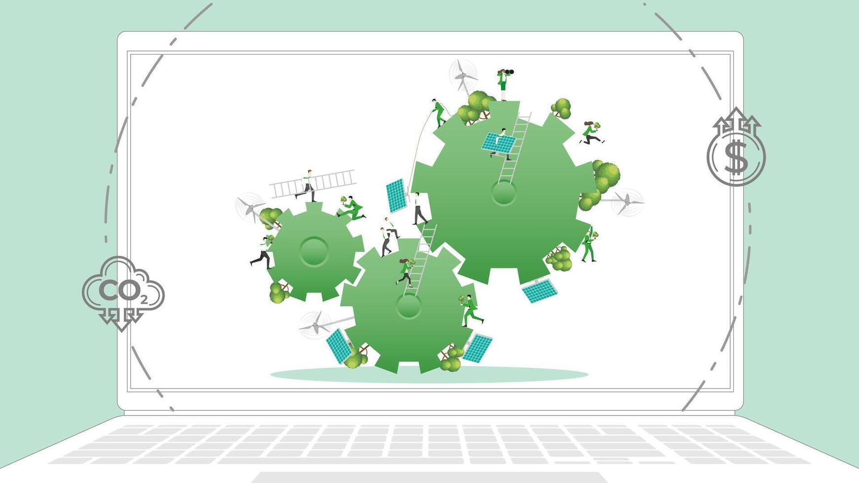 ESG sustainability business policy. Carbon credit calculate from reduce carbon footprint and carbon dioxide to carbon offset. Laptop computer notebook with gear driven on desktop. vector