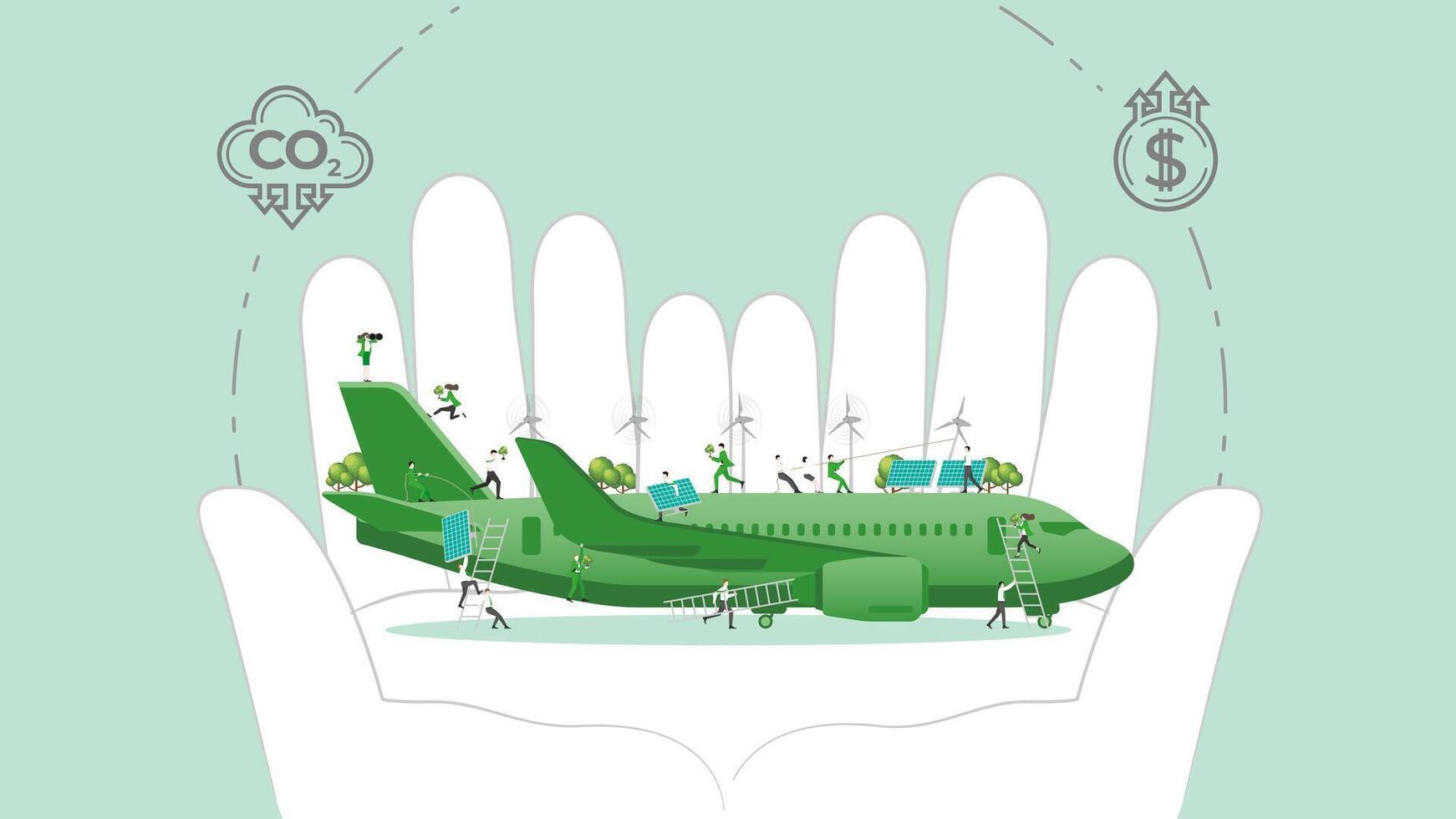 ESG sustainability policy in hand. Carbon credit calculate from reduce carbon footprint and carbon dioxide to carbon offset. Plane in Hand. vector