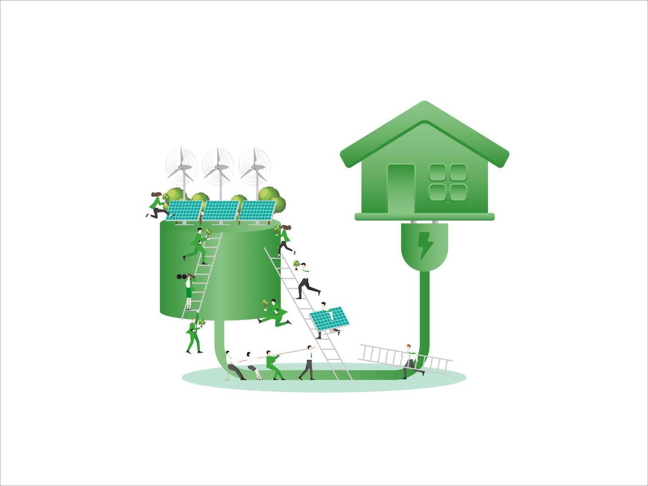 Employees Collaborating for a Green Concept House. ESG sustainability business policy, vector