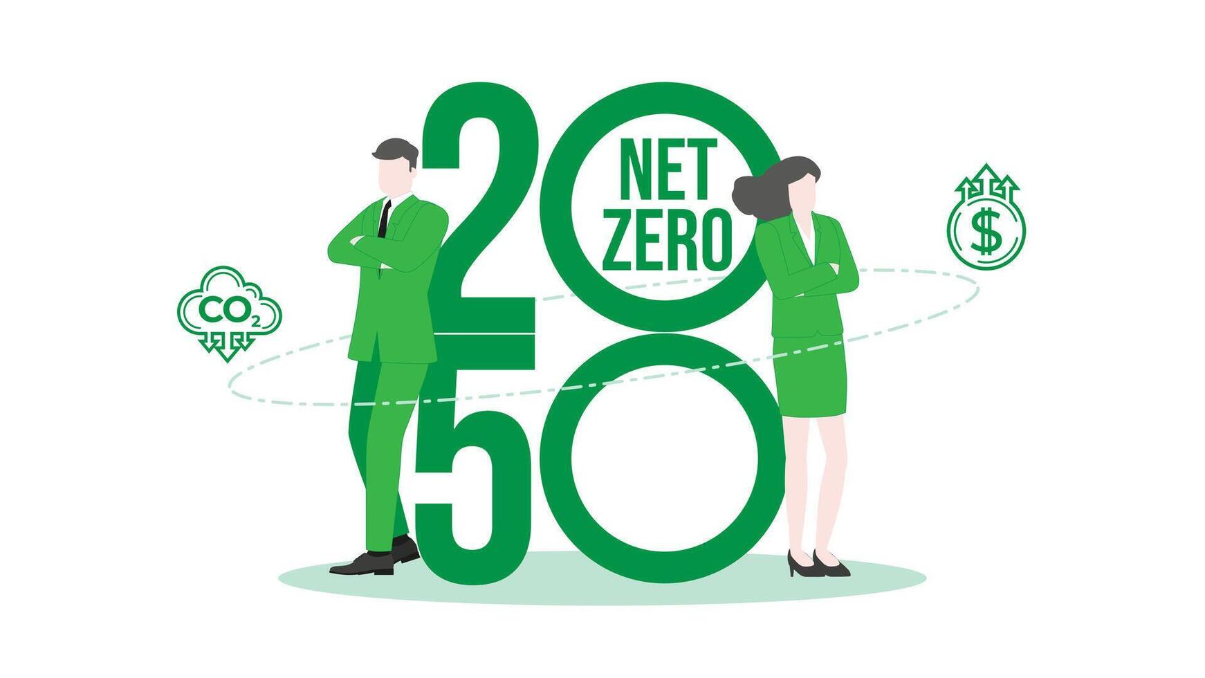 Achieving Environmental Goals in Sustainable Business Environment with Confident Businessman and Businesswoman standing pose with 2050 Net zero goal. vector