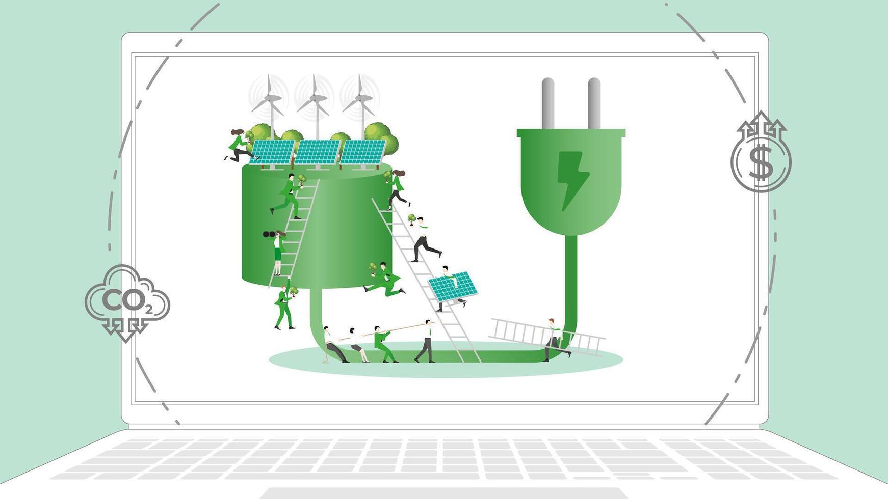 ESG sustainability business policy. Carbon credit calculate from reduce carbon footprint and carbon dioxide to carbon offset. Laptop computer notebook with green electricity on desktop. vector
