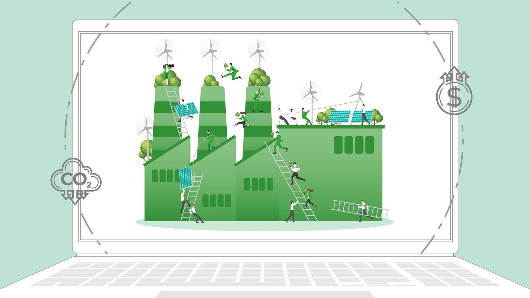 ESG sustainability business policy. Carbon credit calculate from reduce carbon footprint and carbon dioxide to carbon offset. Laptop computer notebook with green factory on desktop. vector