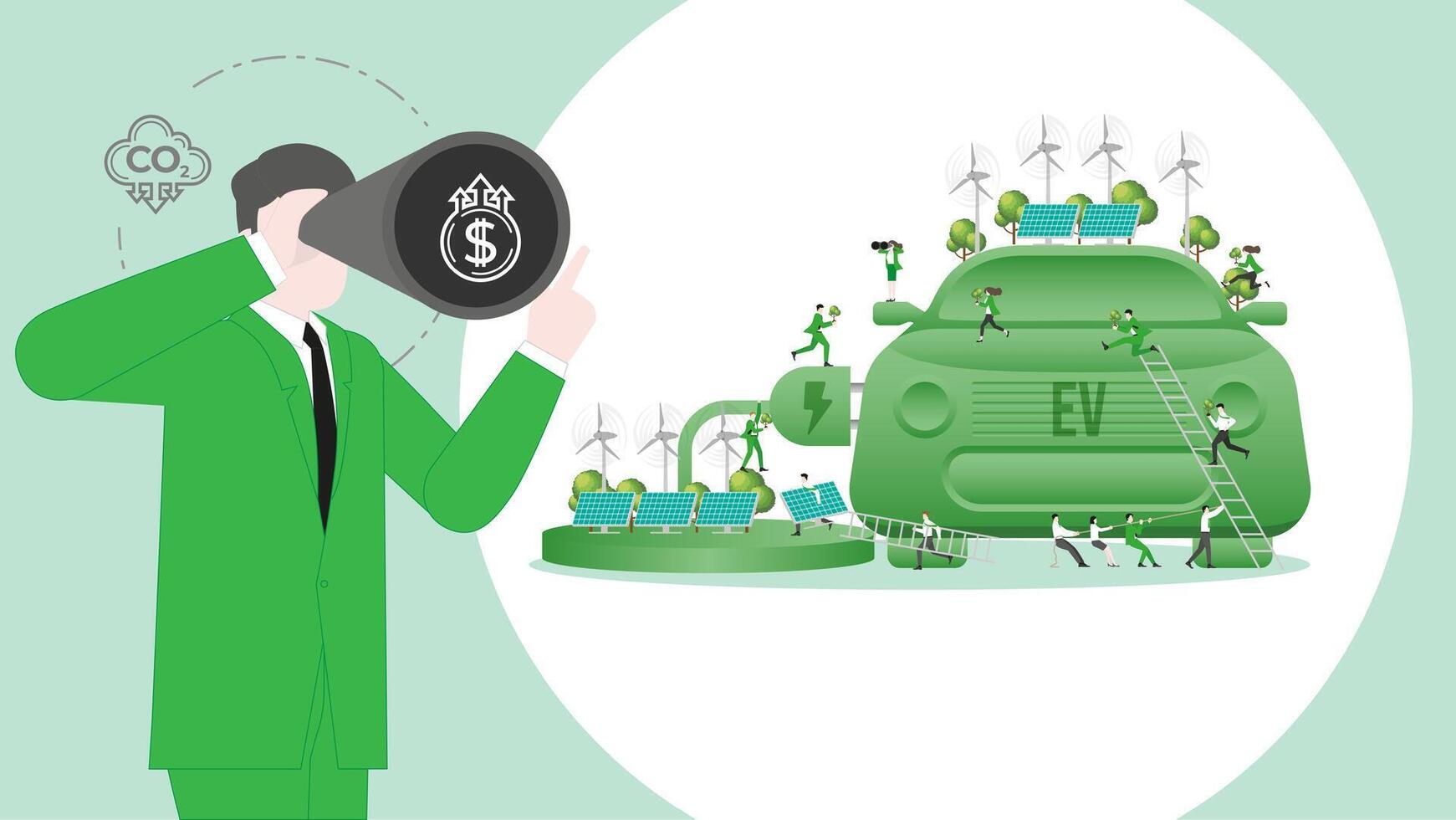 ESG sustainability business visionary to Electric Vehicle. Carbon credit vision from reduce carbon footprint and carbon dioxide to Net Zero in year 2050 vector