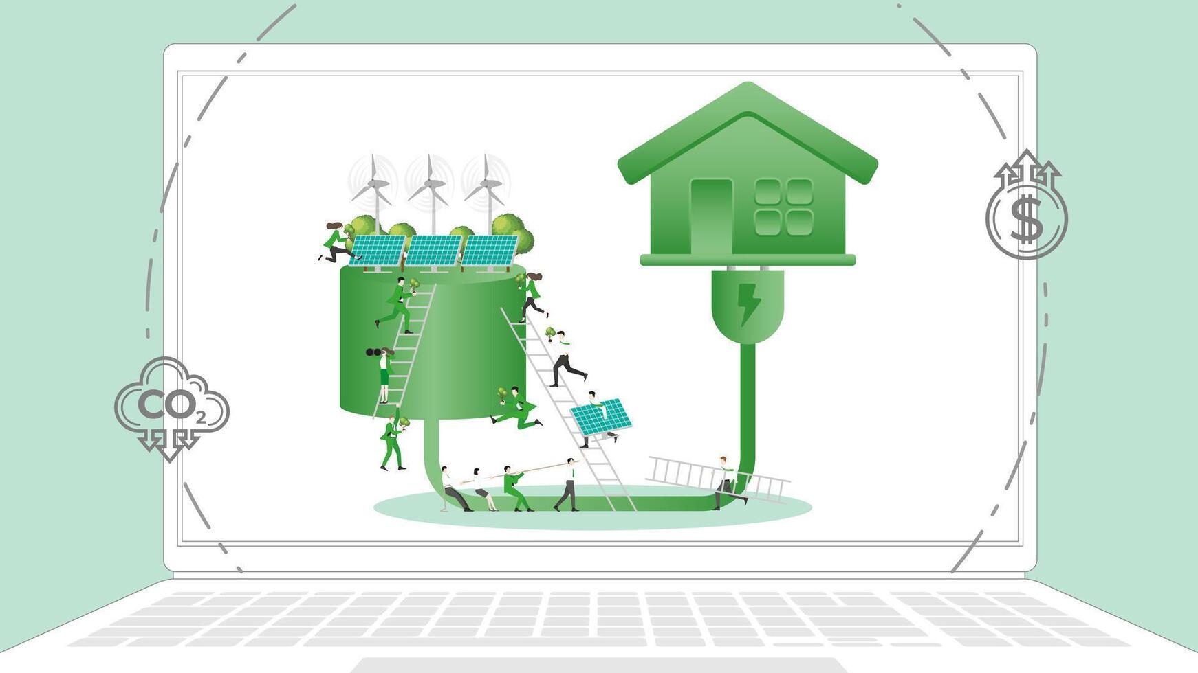 ESG business policy Renewable energy house in laptop. Carbon credit calculate from reduce carbon footprint and carbon dioxide to net zero goal in 2050. vector