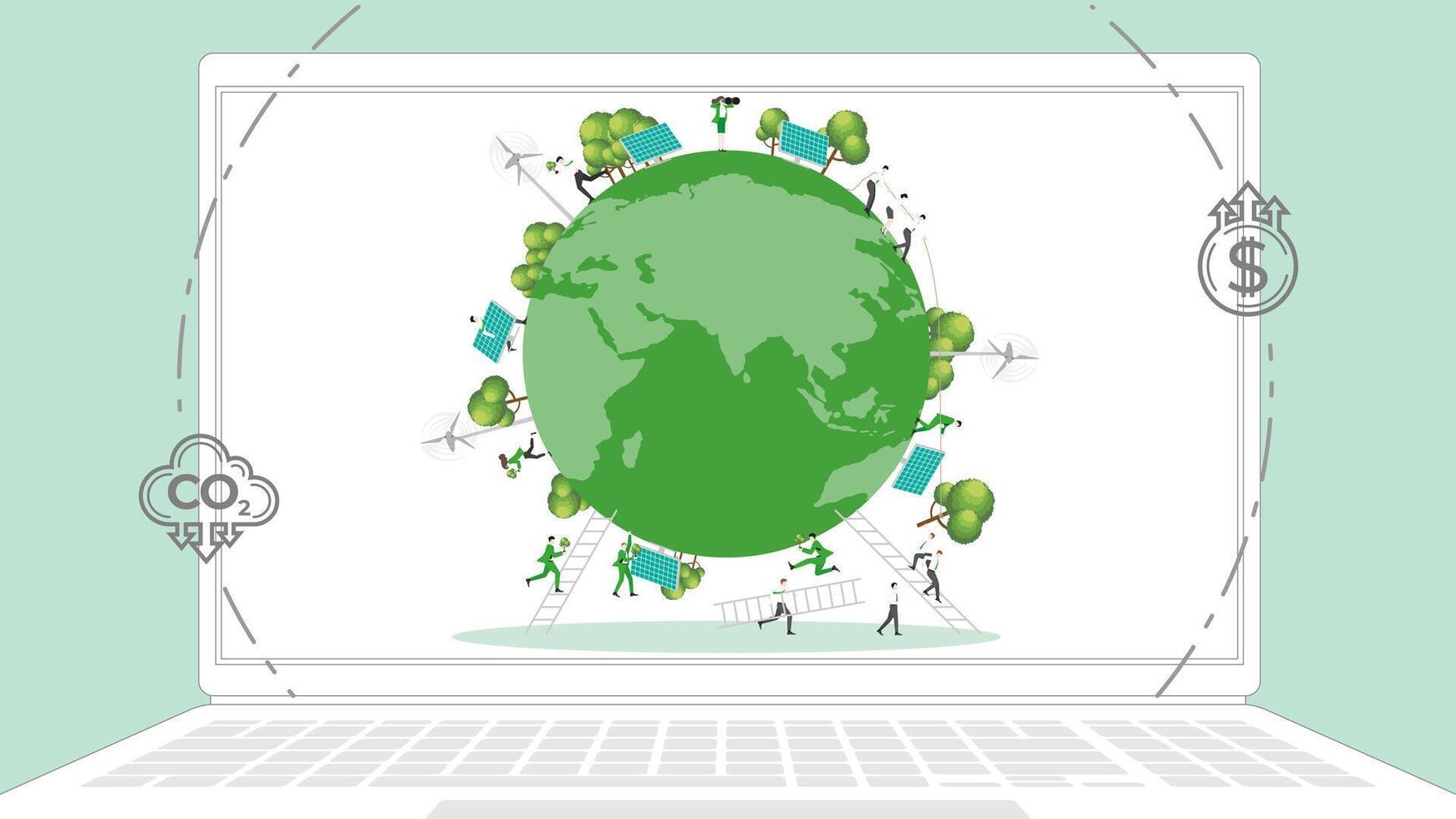 ESG sustainability business policy. Carbon credit calculate from reduce carbon footprint and carbon dioxide to carbon offset. Laptop computer notebook with Earth on desktop. vector