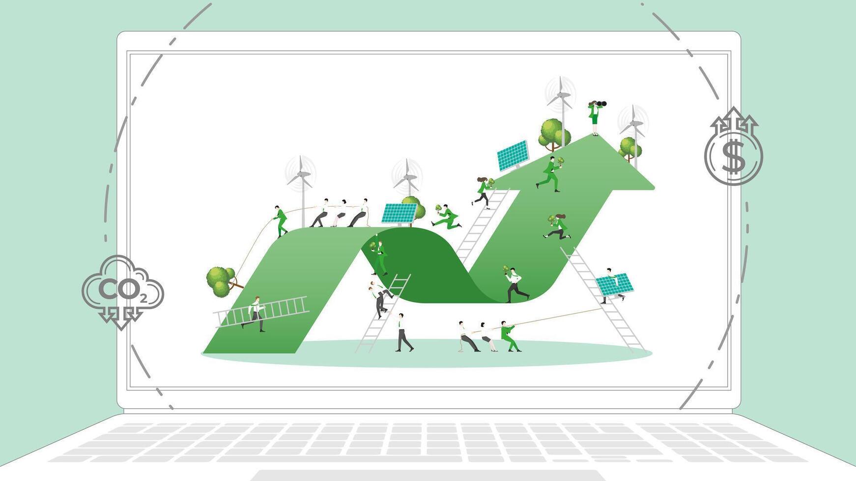 ESG sustainability business policy. Carbon credit calculate from reduce carbon footprint and carbon dioxide to carbon offset. Laptop computer notebook with green graph on desktop. vector