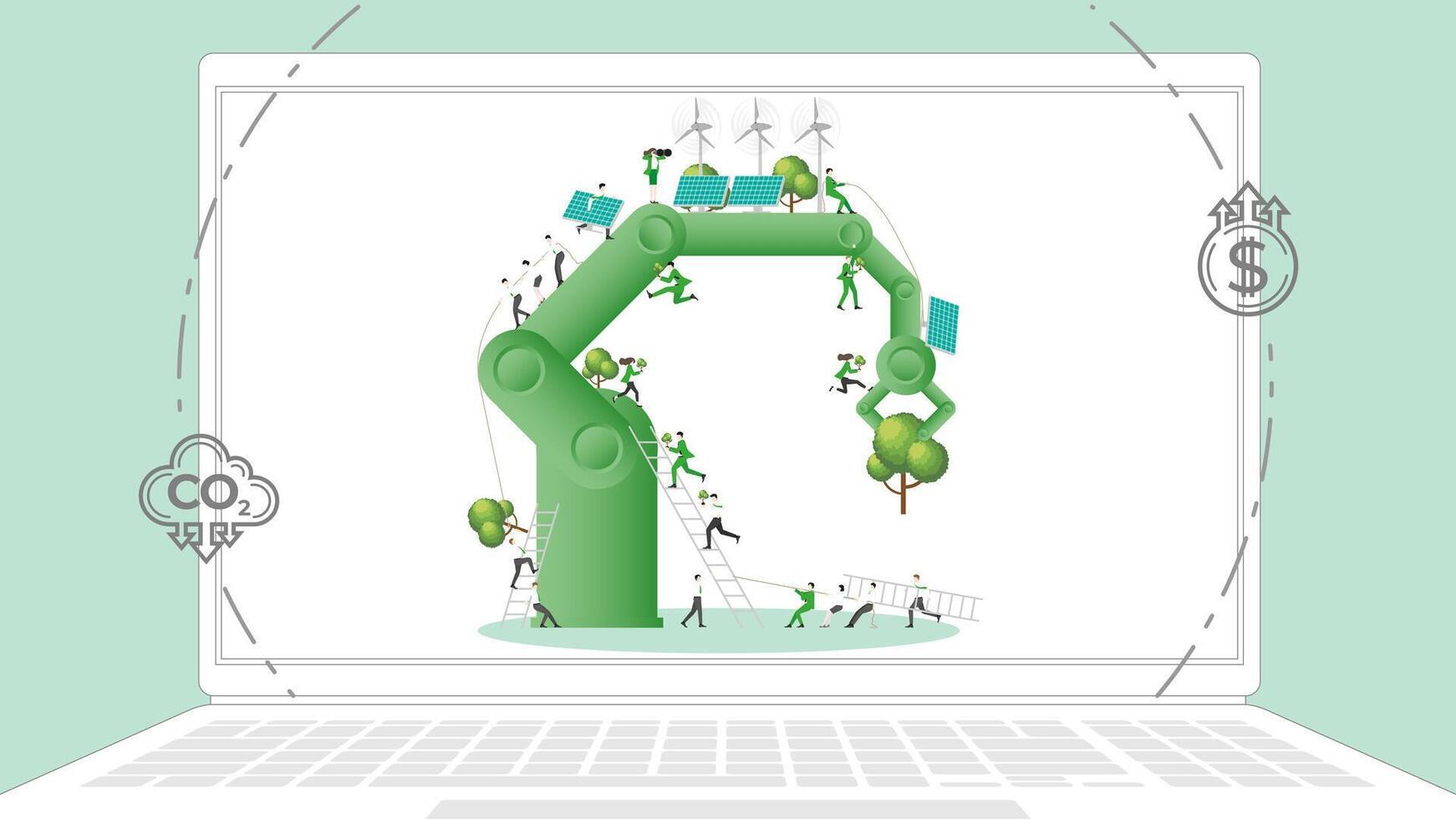 ESG sustainability business policy. Carbon credit calculate from reduce carbon footprint and carbon dioxide to carbon offset. Laptop computer notebook with green industry on desktop. vector