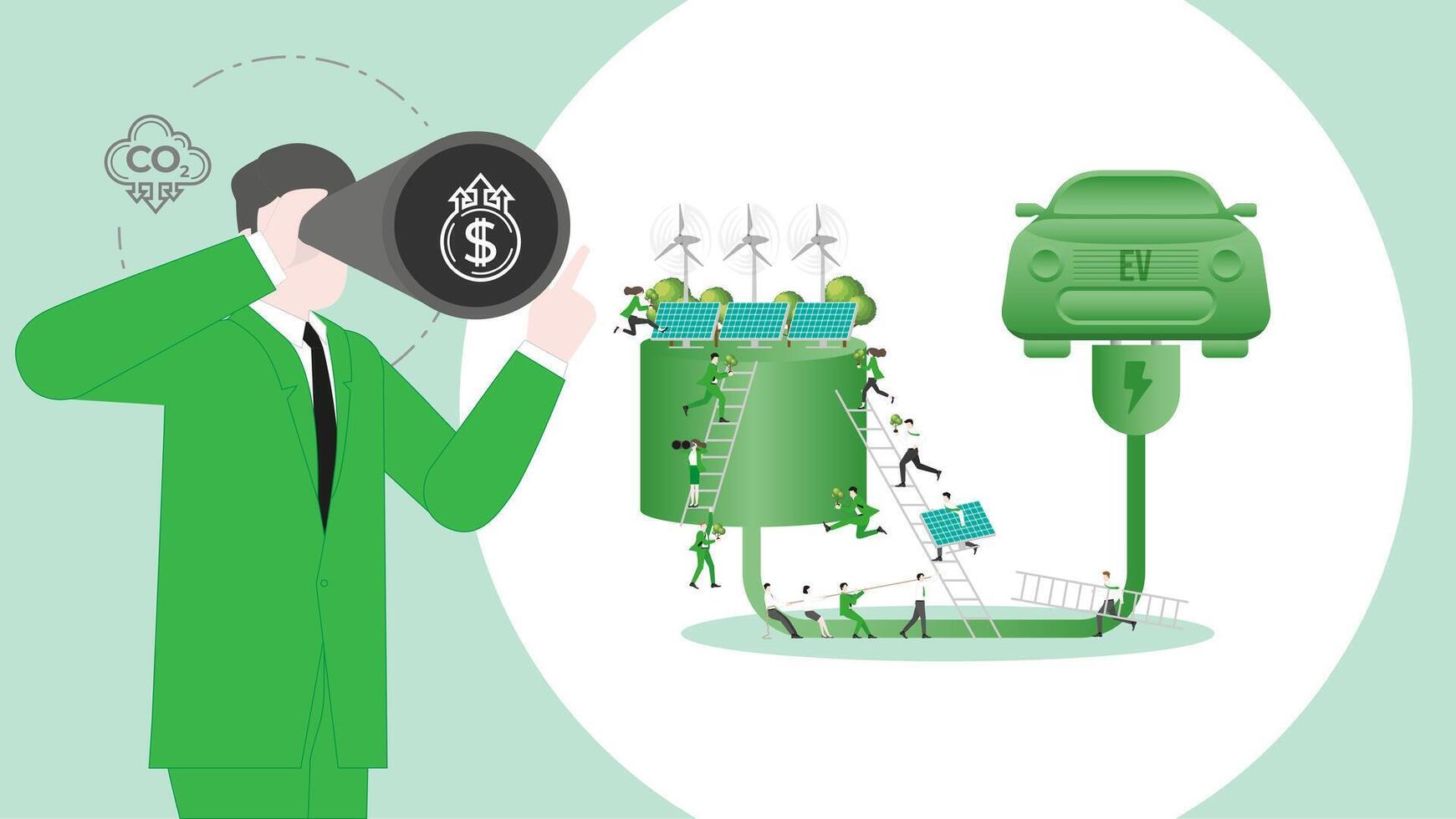 ESG sustainability business visionary to Electric Vehicle. Carbon credit vision from reduce carbon footprint and carbon dioxide to Net Zero in year 2050 vector