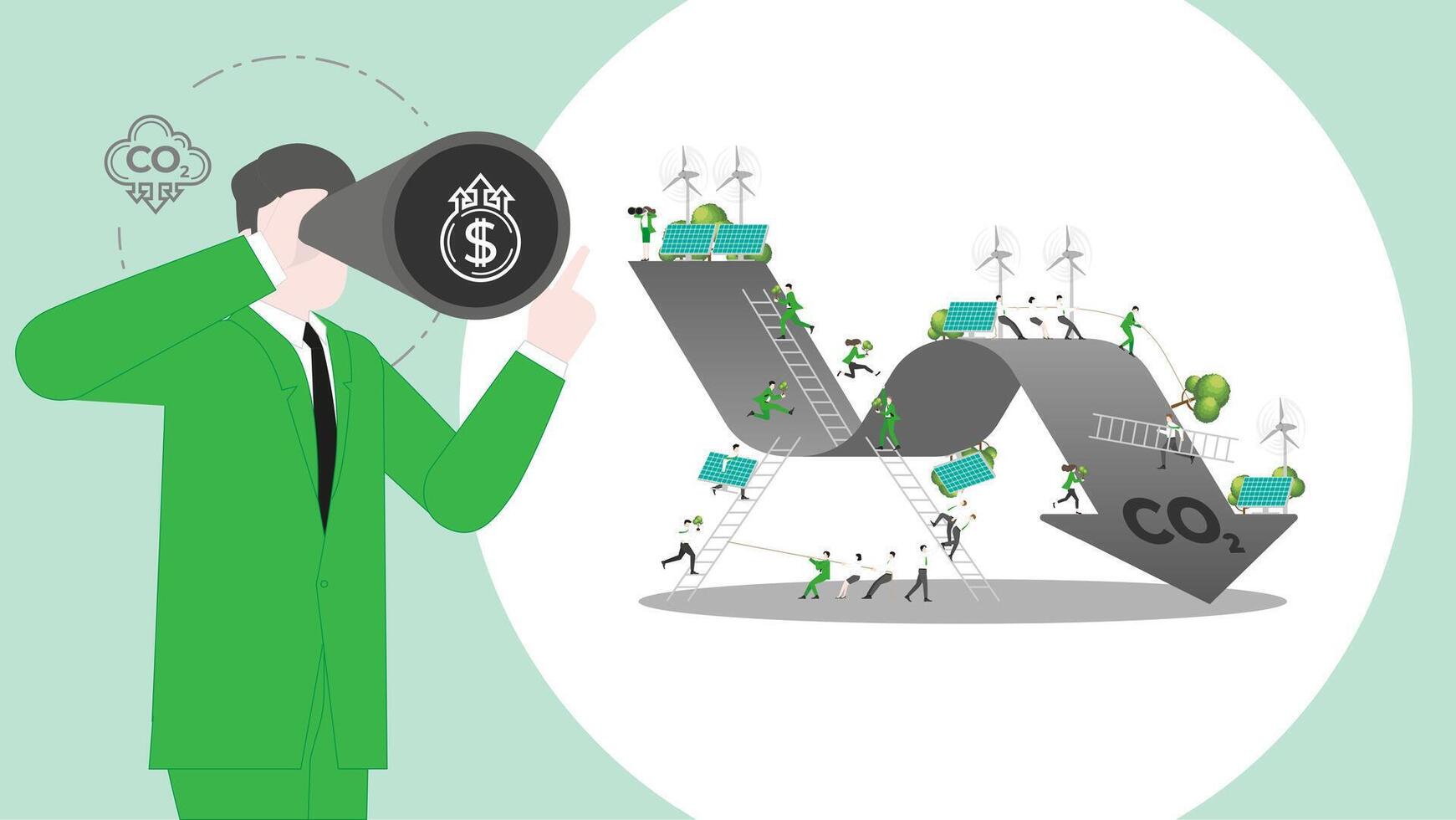 ESG sustainability business visionary. Carbon credit vision from reduce carbon footprint and carbon dioxide to carbon offset. Vision of CO2 graph vector