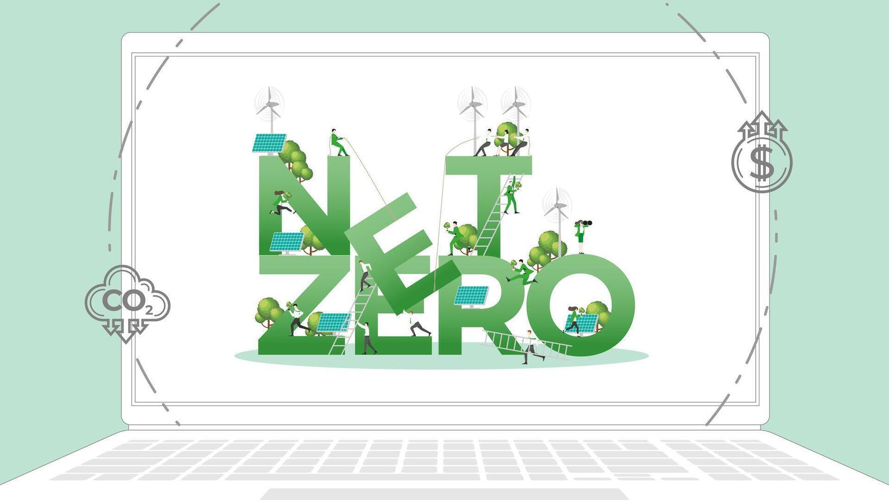 ESG sustainability business policy. Carbon credit calculate from reduce carbon footprint and carbon dioxide to carbon offset. Laptop computer notebook with net zero on desktop. vector