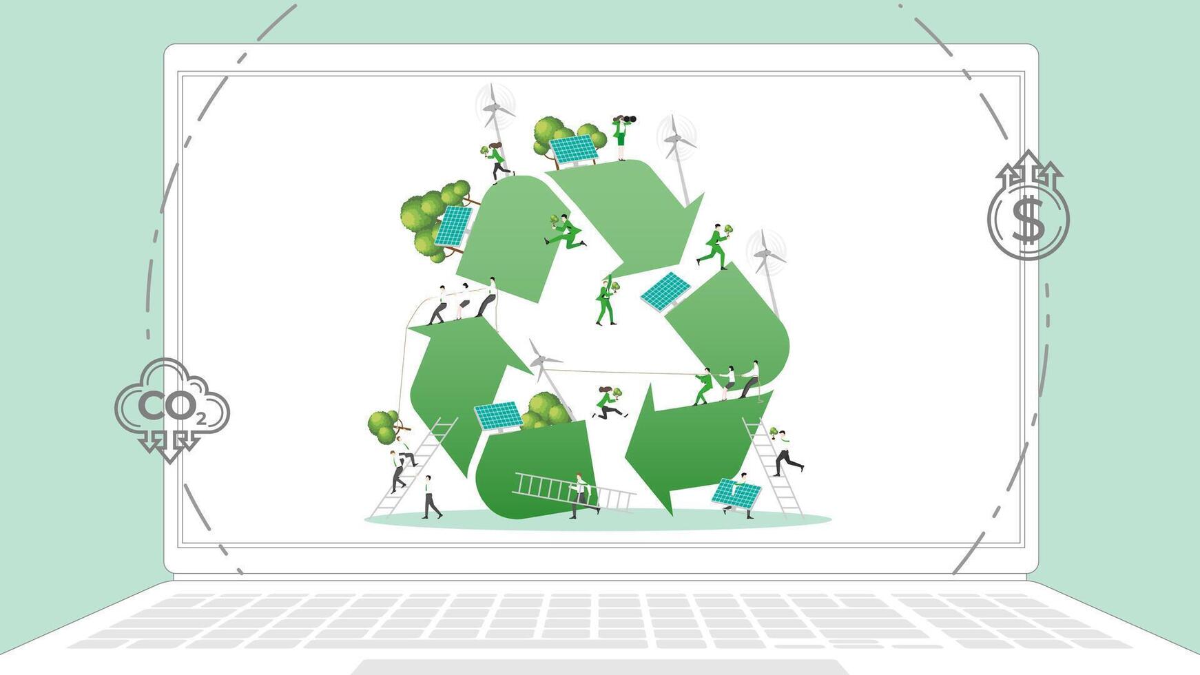 ESG sustainability business policy. Carbon credit calculate from reduce carbon footprint and carbon dioxide to carbon offset. Laptop computer notebook with Recycle symbol on desktop. vector