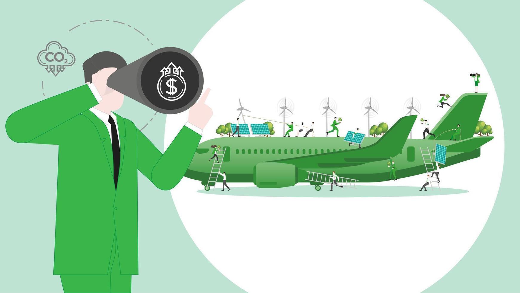 ESG sustainability business visionary. Carbon credit vision from reduce carbon footprint and carbon dioxide to carbon offset. Vision of Plane vector