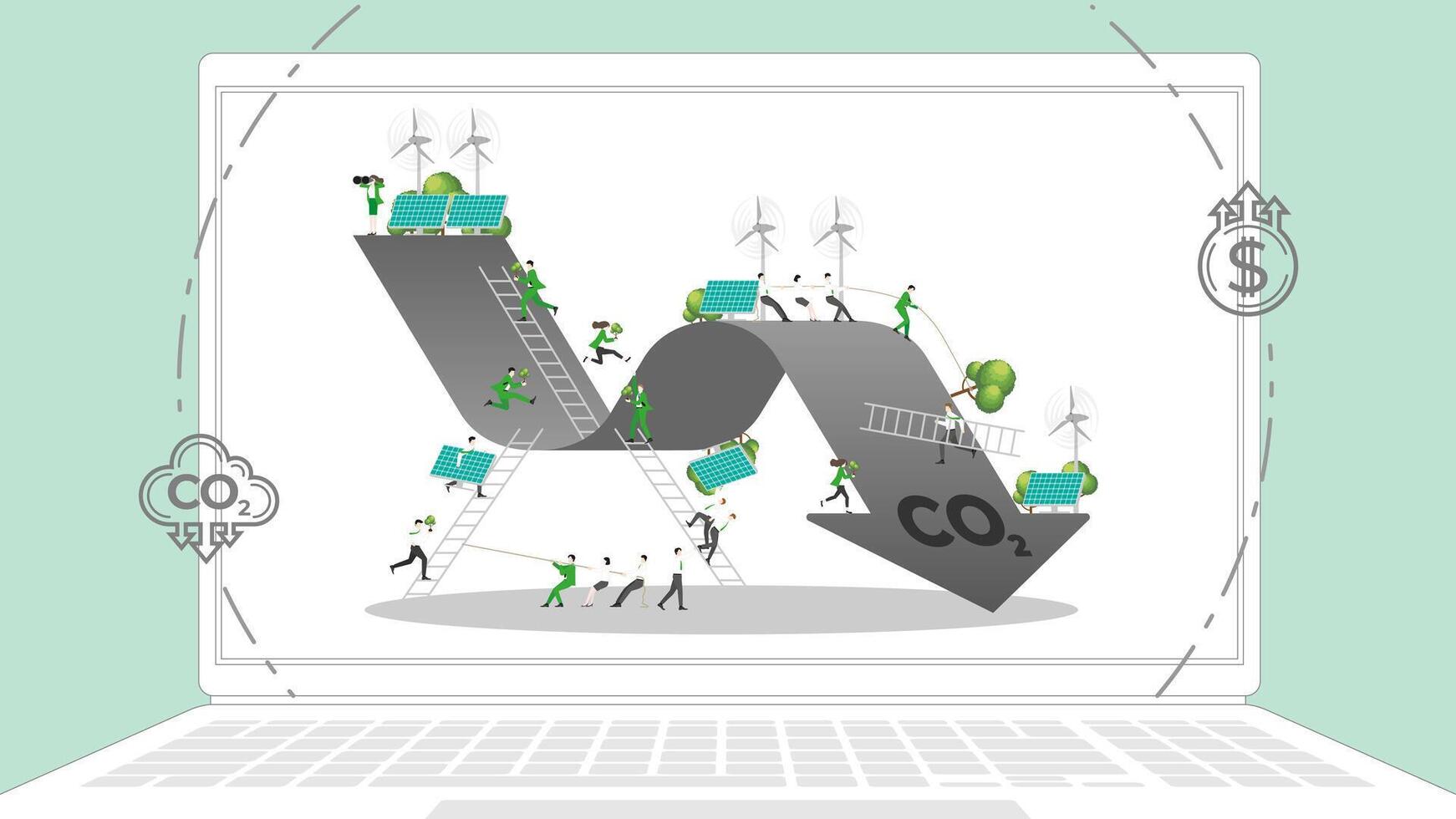 ESG sustainability business policy. Carbon credit calculate from reduce carbon footprint and carbon dioxide to carbon offset. Laptop computer notebook with CO2 graph on desktop. vector