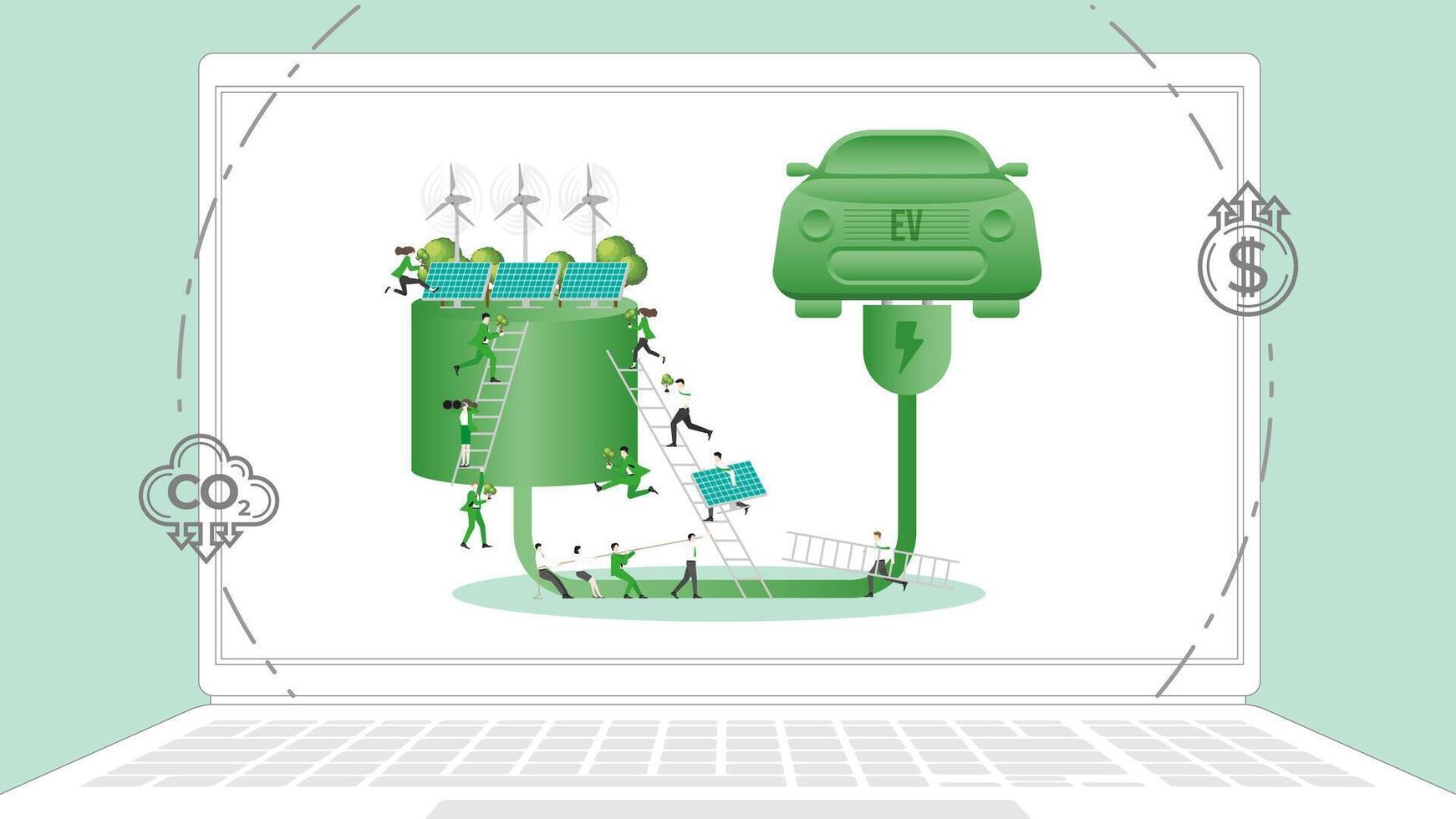 ESG business policy Electric power Vehicle in laptop. Carbon credit calculate from reduce carbon footprint and carbon dioxide to net zero goal in 2050. vector